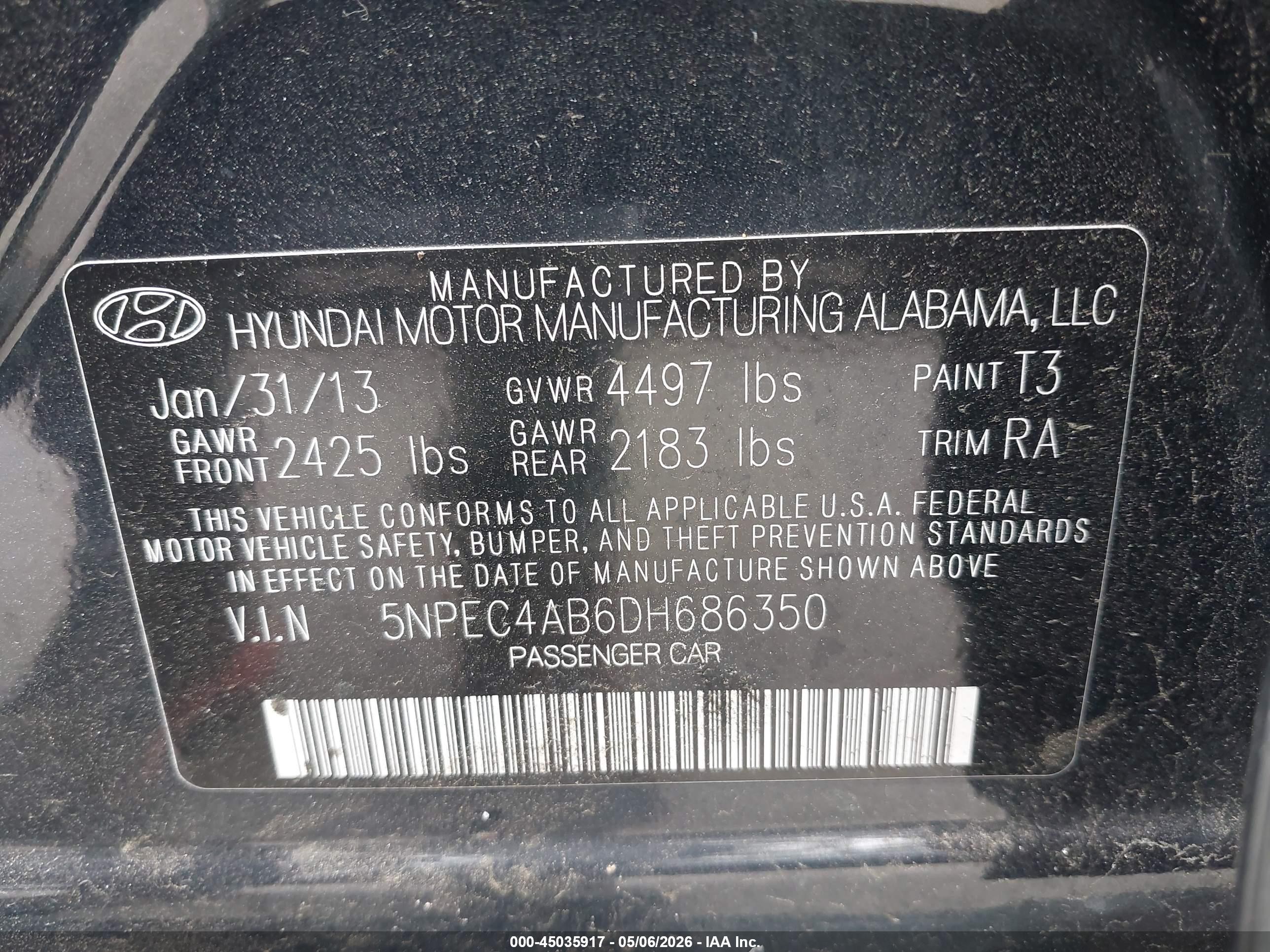 2013 Hyundai Sonata Limited 2.0t Dark Blue vin: 5NPEC4AB6DH686350