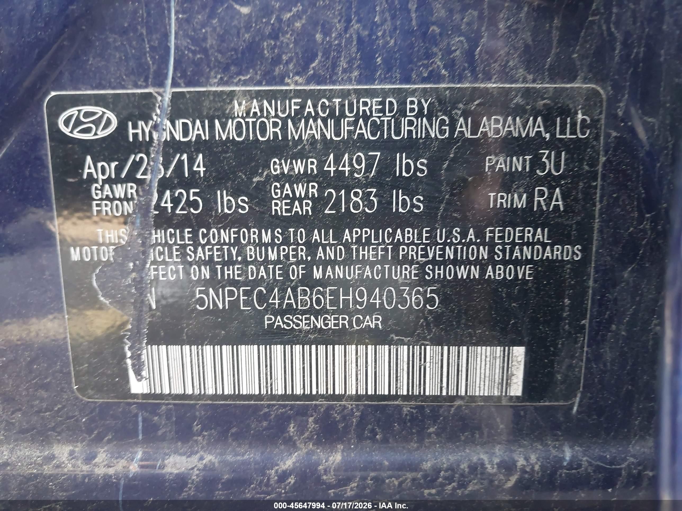 2014 Hyundai Sonata Limited 2.0t Blue vin: 5NPEC4AB6EH940365