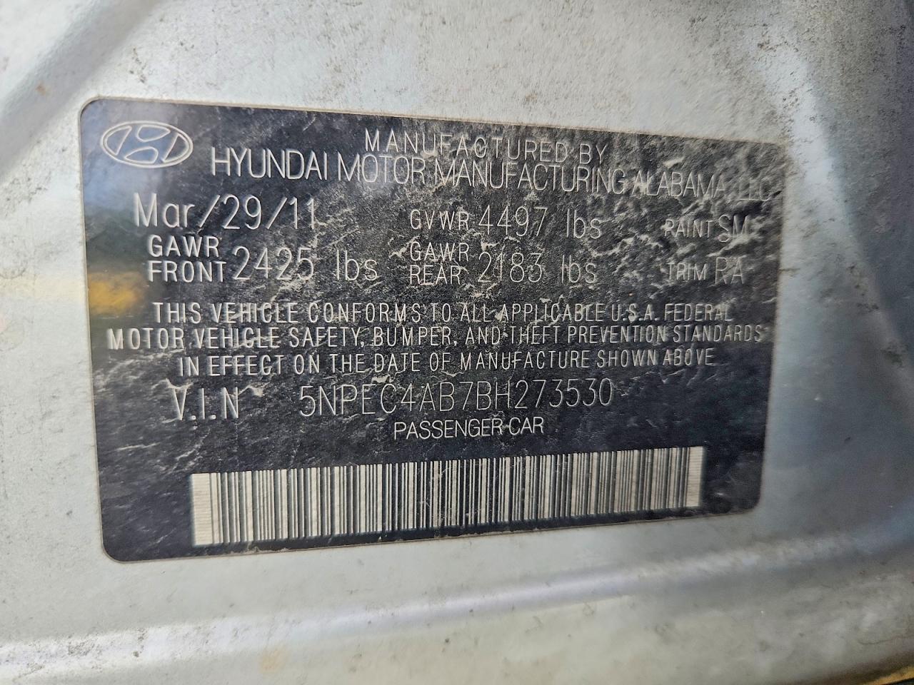 2011 Hyundai Sonata Gray vin: 5NPEC4AB7BH273530