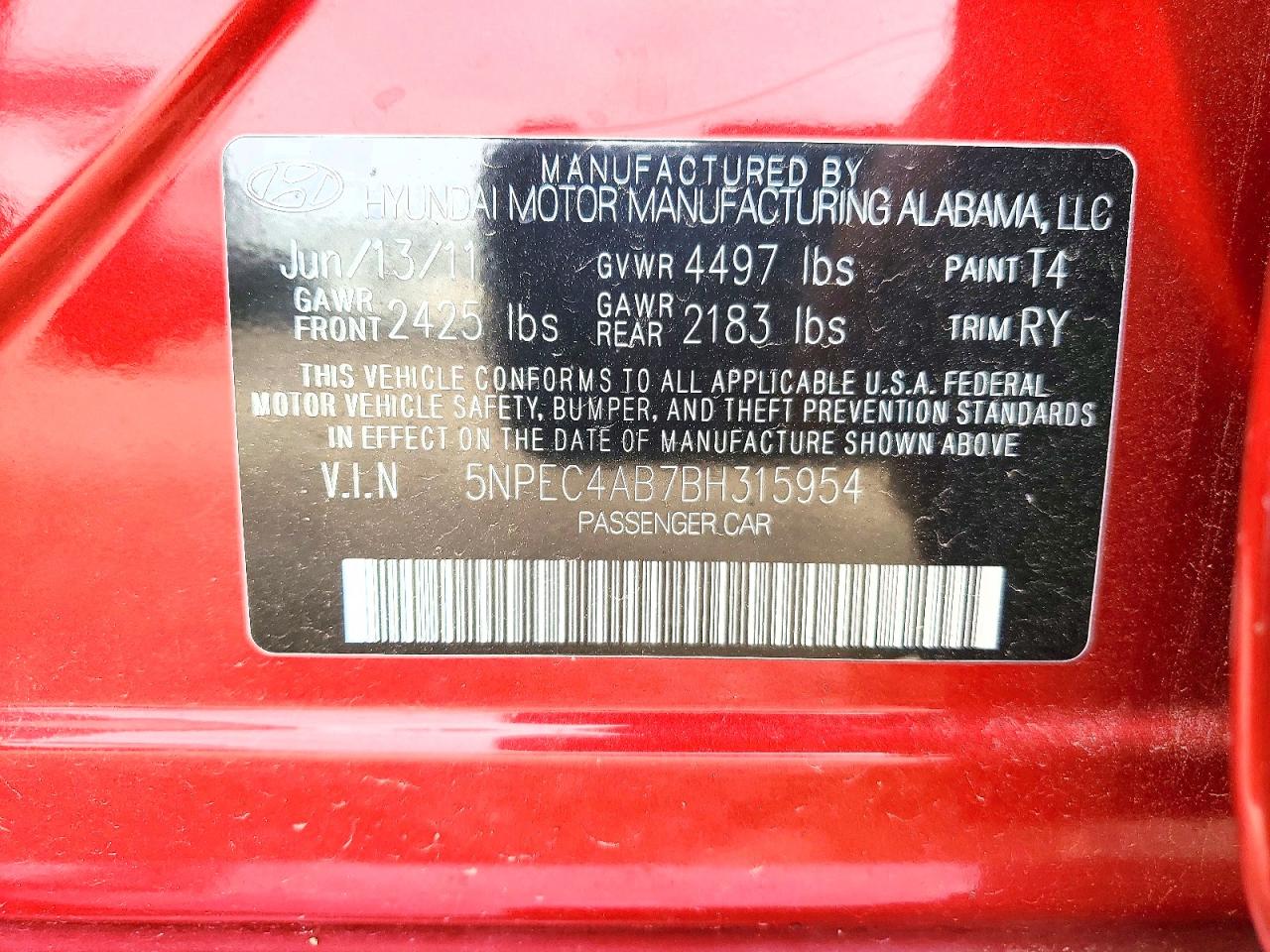 2011 Hyundai Sonata Se 2.0t Red vin: 5NPEC4AB7BH315954