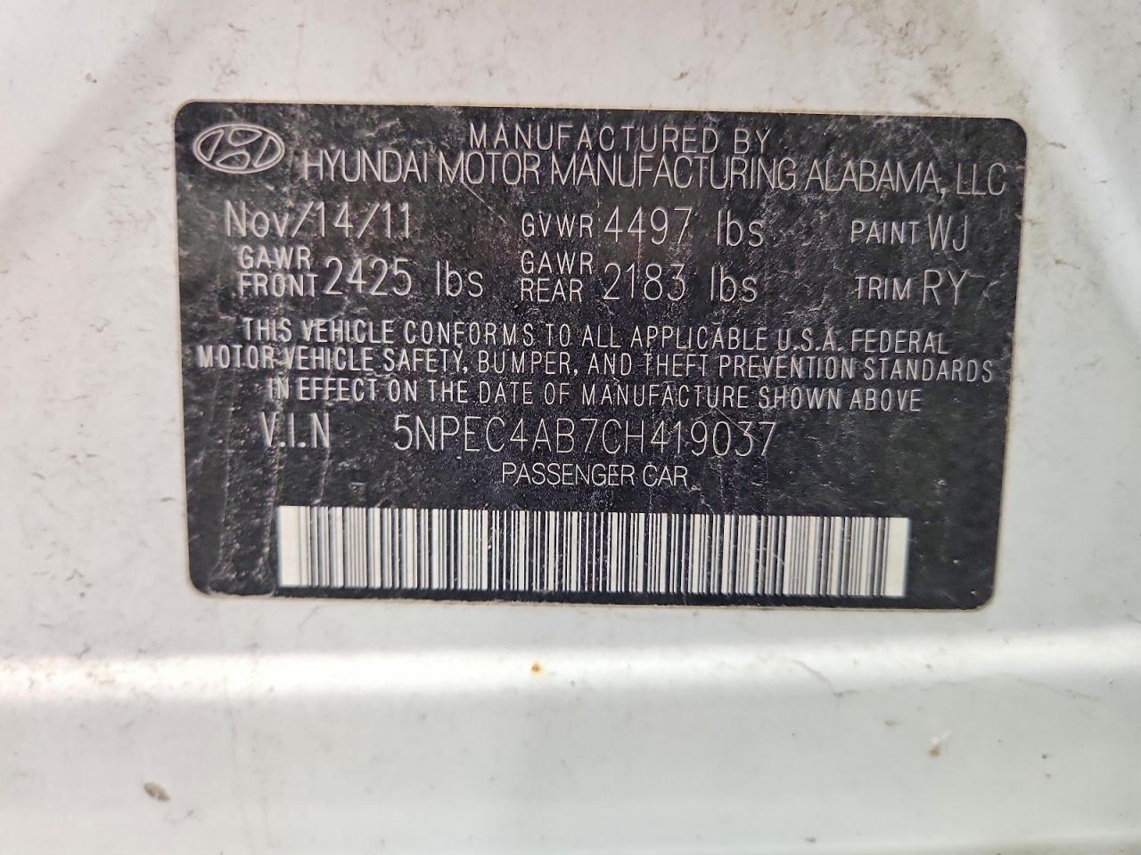 2012 Hyundai Sonata Se 2.0t White vin: 5NPEC4AB7CH419037
