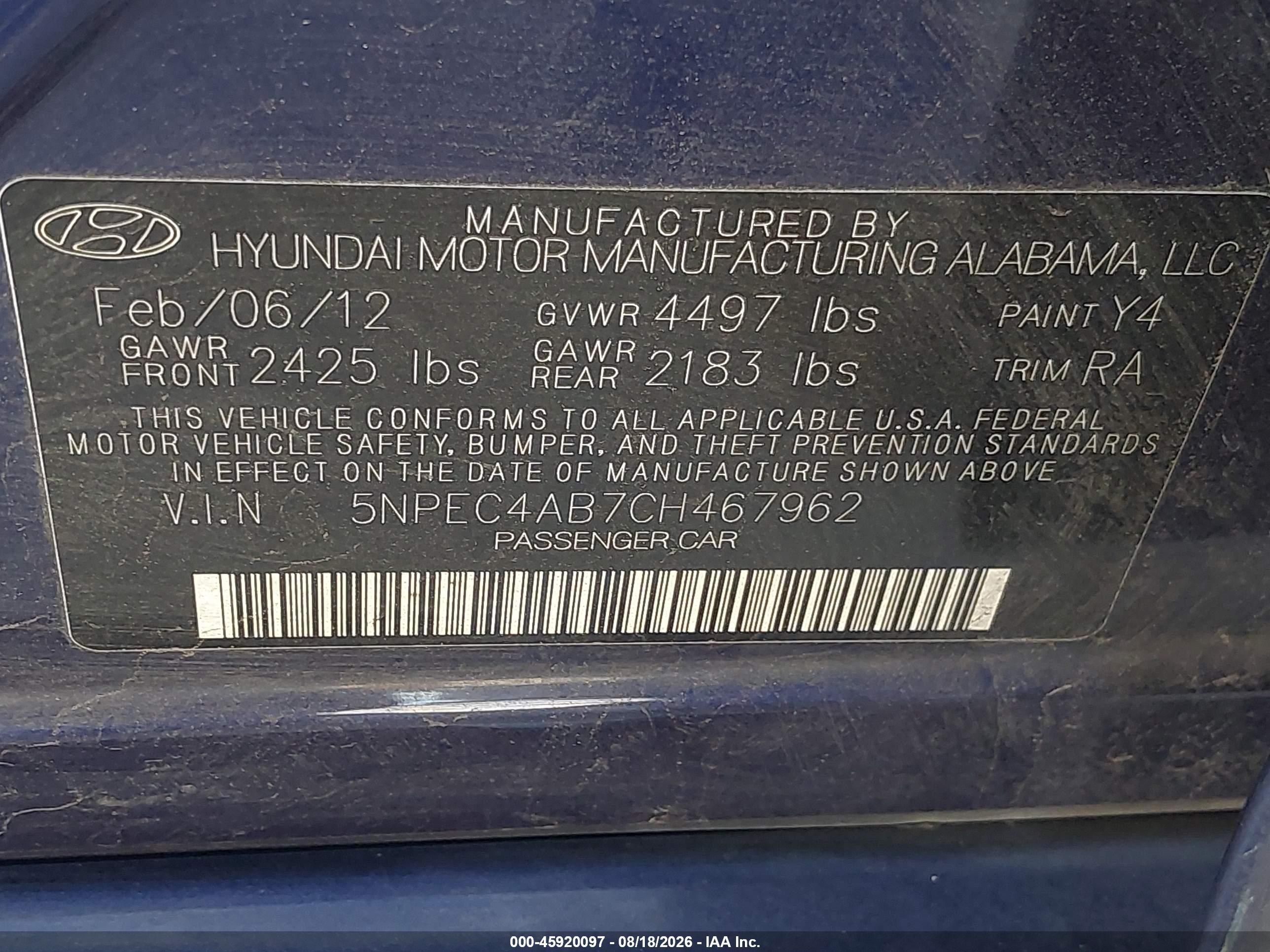 2012 Hyundai Sonata Se 2.0t Blue vin: 5NPEC4AB7CH467962