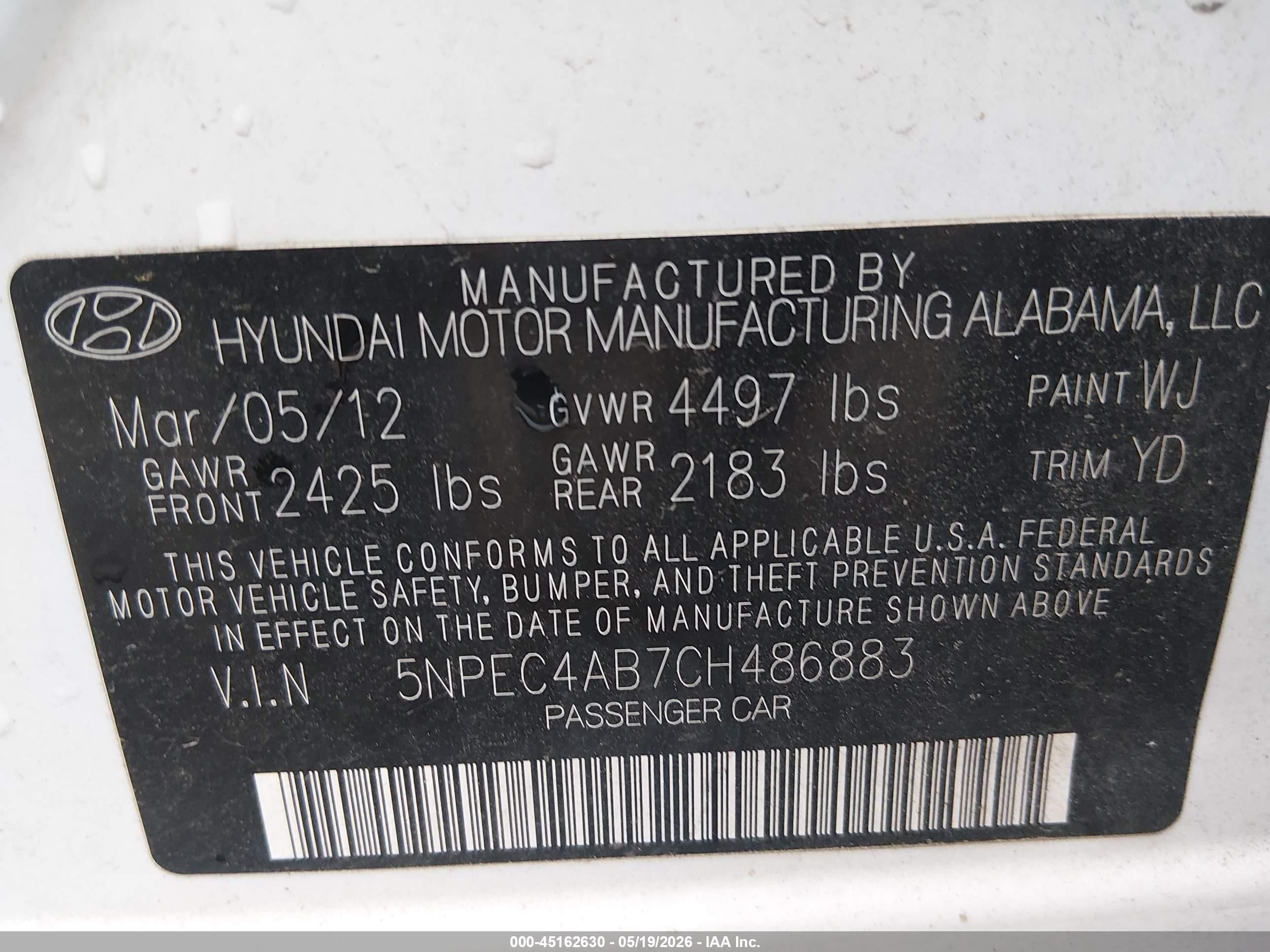 2012 Hyundai Sonata Limited 2.0t White vin: 5NPEC4AB7CH486883