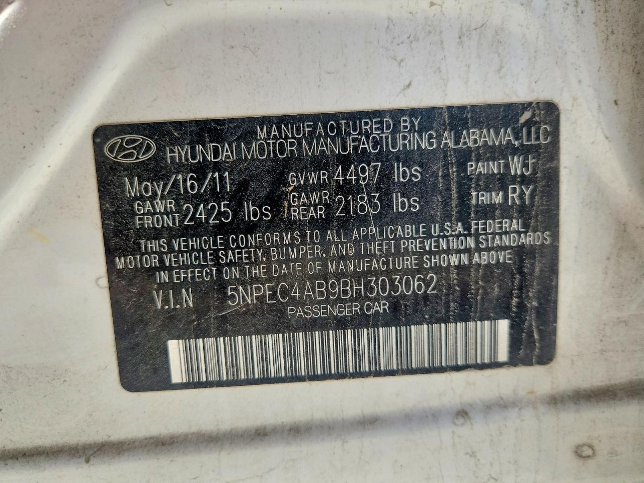 2011 Hyundai Sonata White vin: 5NPEC4AB9BH303062