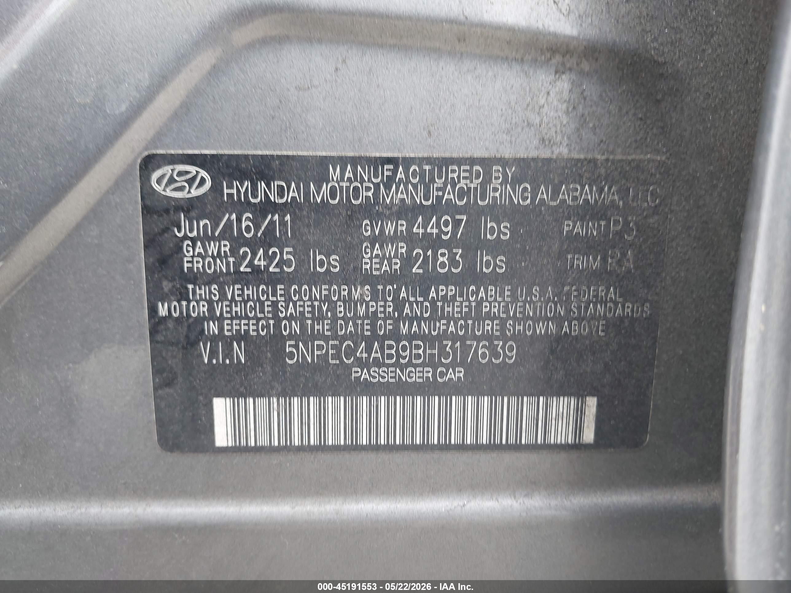 2011 Hyundai Sonata Se 2.0t Gray vin: 5NPEC4AB9BH317639