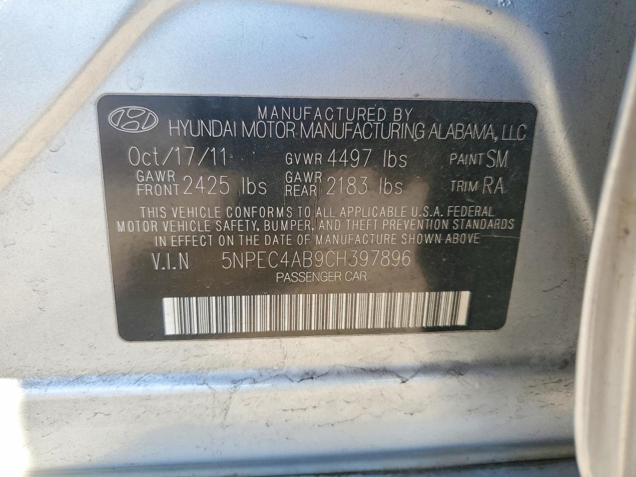 2012 Hyundai Sonata Se Silver vin: 5NPEC4AB9CH397896