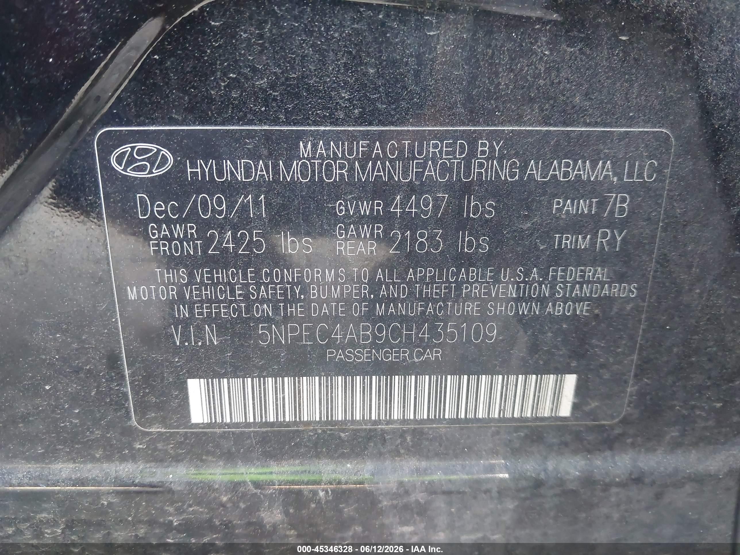 2012 Hyundai Sonata Se 2.0t Black vin: 5NPEC4AB9CH435109