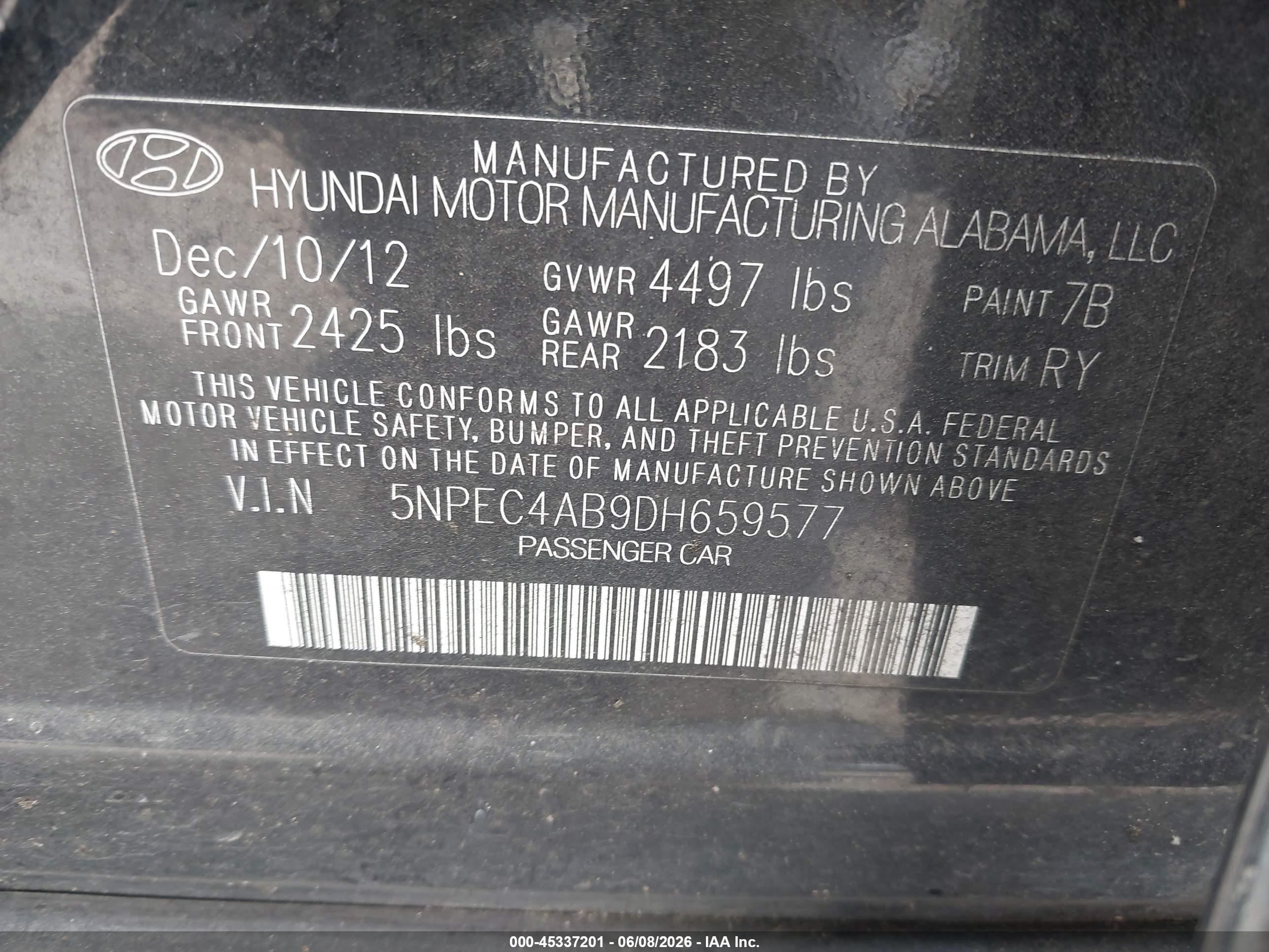 2013 Hyundai Sonata Limited 2.0t Black vin: 5NPEC4AB9DH659577