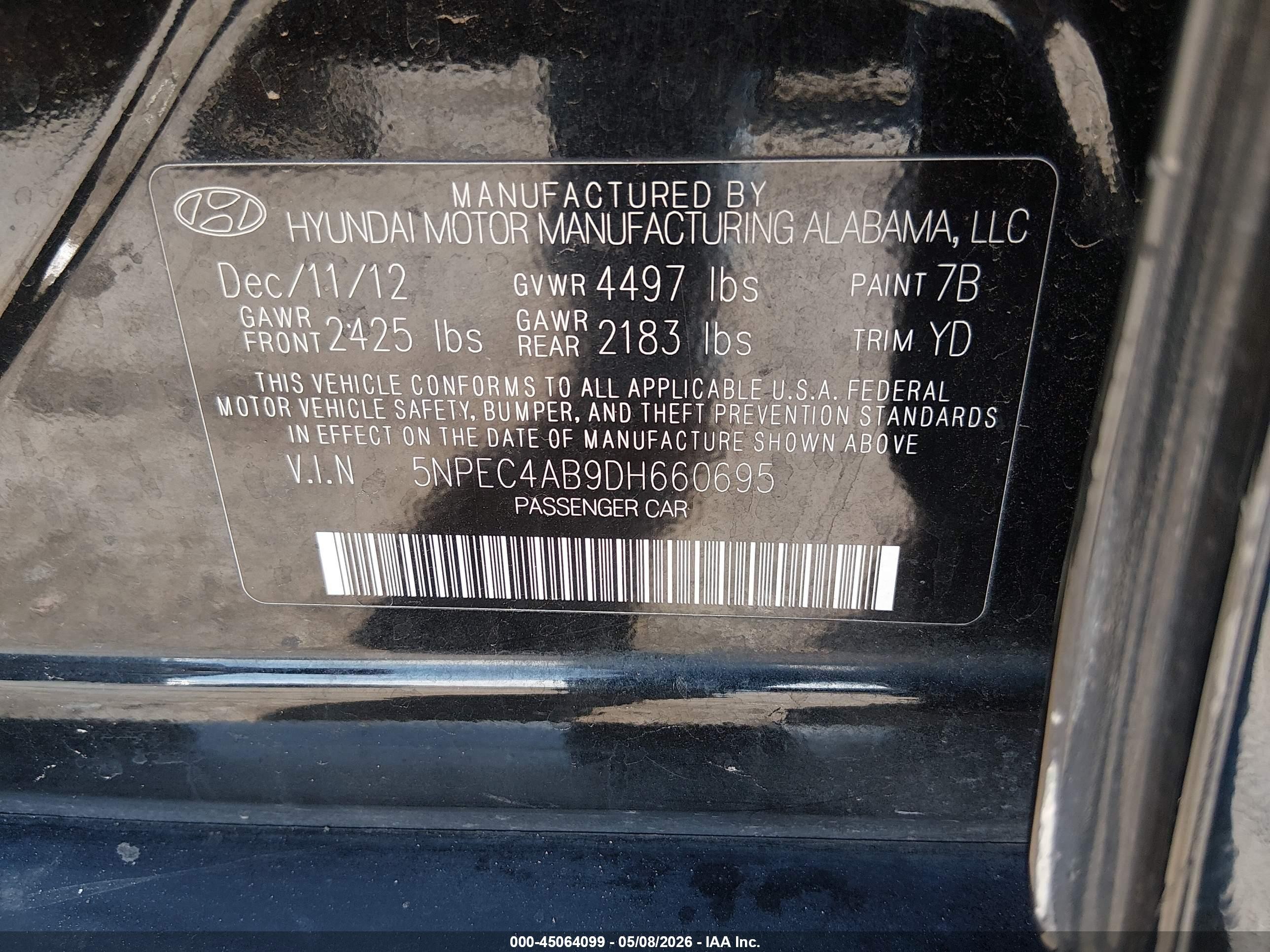 2013 Hyundai Sonata Limited 2.0t Black vin: 5NPEC4AB9DH660695