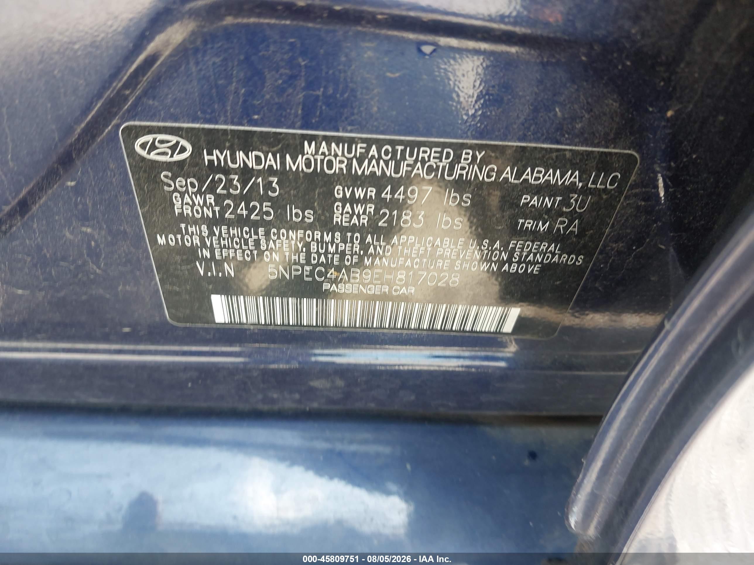 2014 Hyundai Sonata Se 2.0t Синий vin: 5NPEC4AB9EH817028