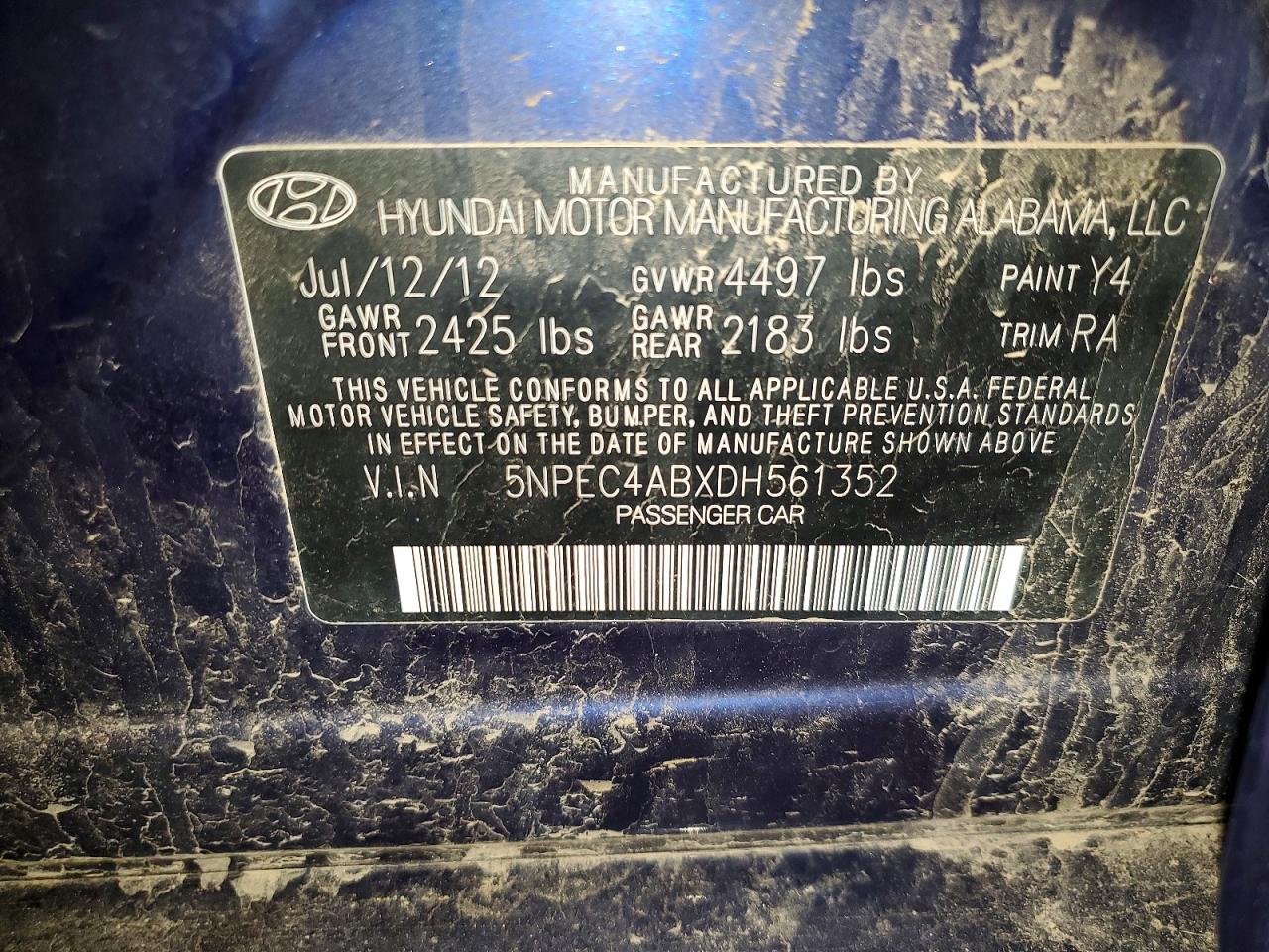 2013 Hyundai Sonata Limited 2.0t Blue vin: 5NPEC4ABXDH561352