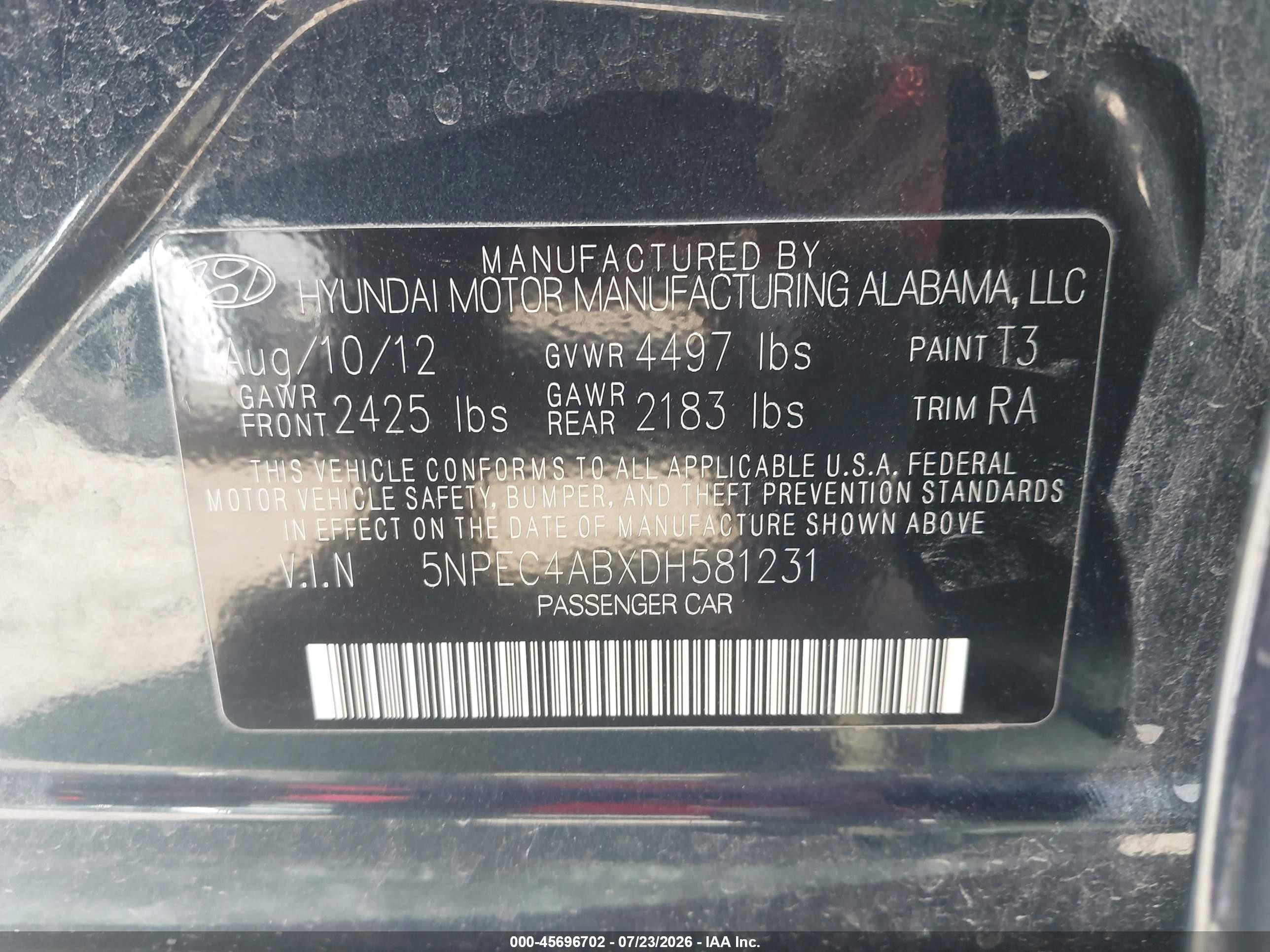 2013 Hyundai Sonata Limited 2.0t Navy vin: 5NPEC4ABXDH581231