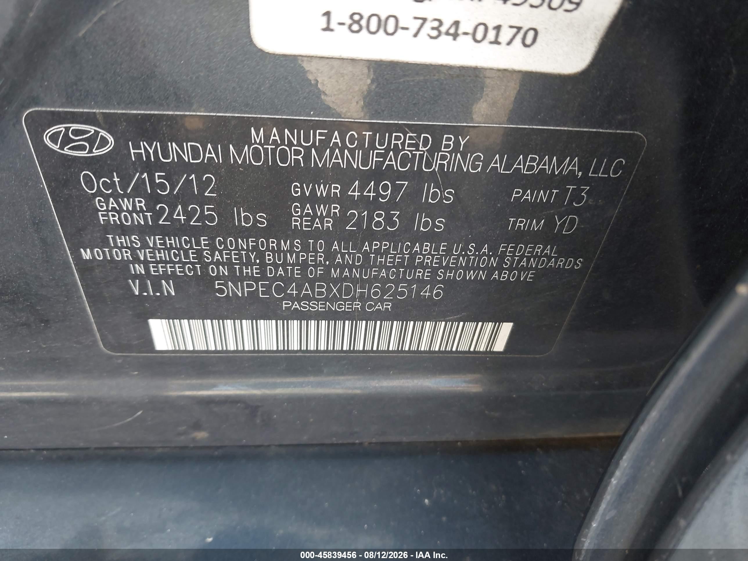 2013 Hyundai Sonata Limited 2.0t Blue vin: 5NPEC4ABXDH625146
