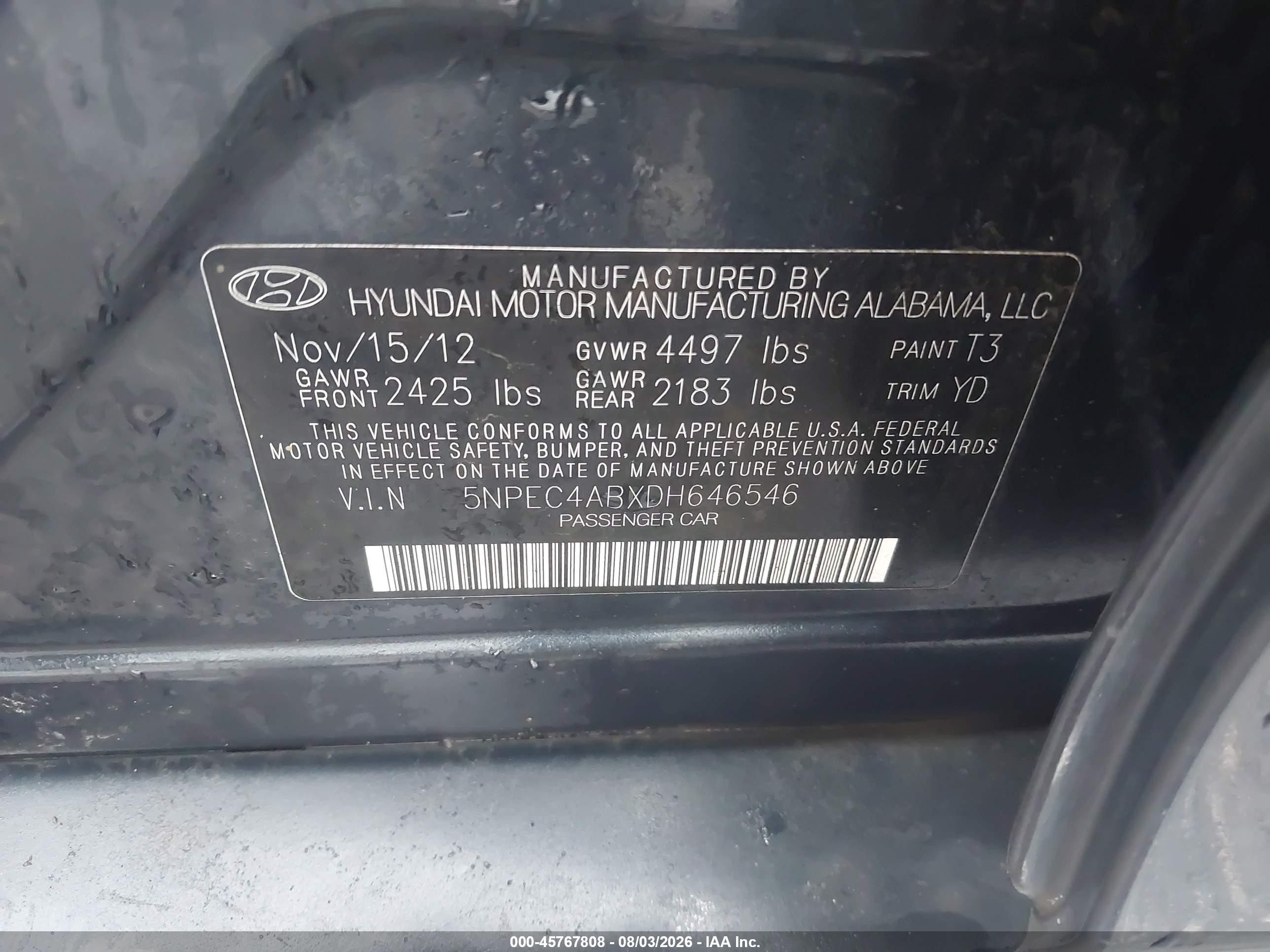 2013 Hyundai Sonata Limited 2.0t Черный vin: 5NPEC4ABXDH646546
