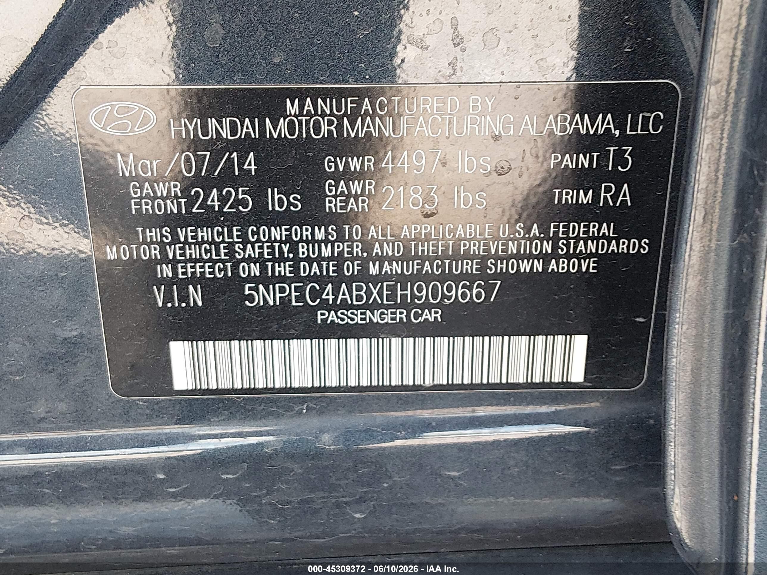 2014 Hyundai Sonata Limited 2.0t Dark Blue vin: 5NPEC4ABXEH909667