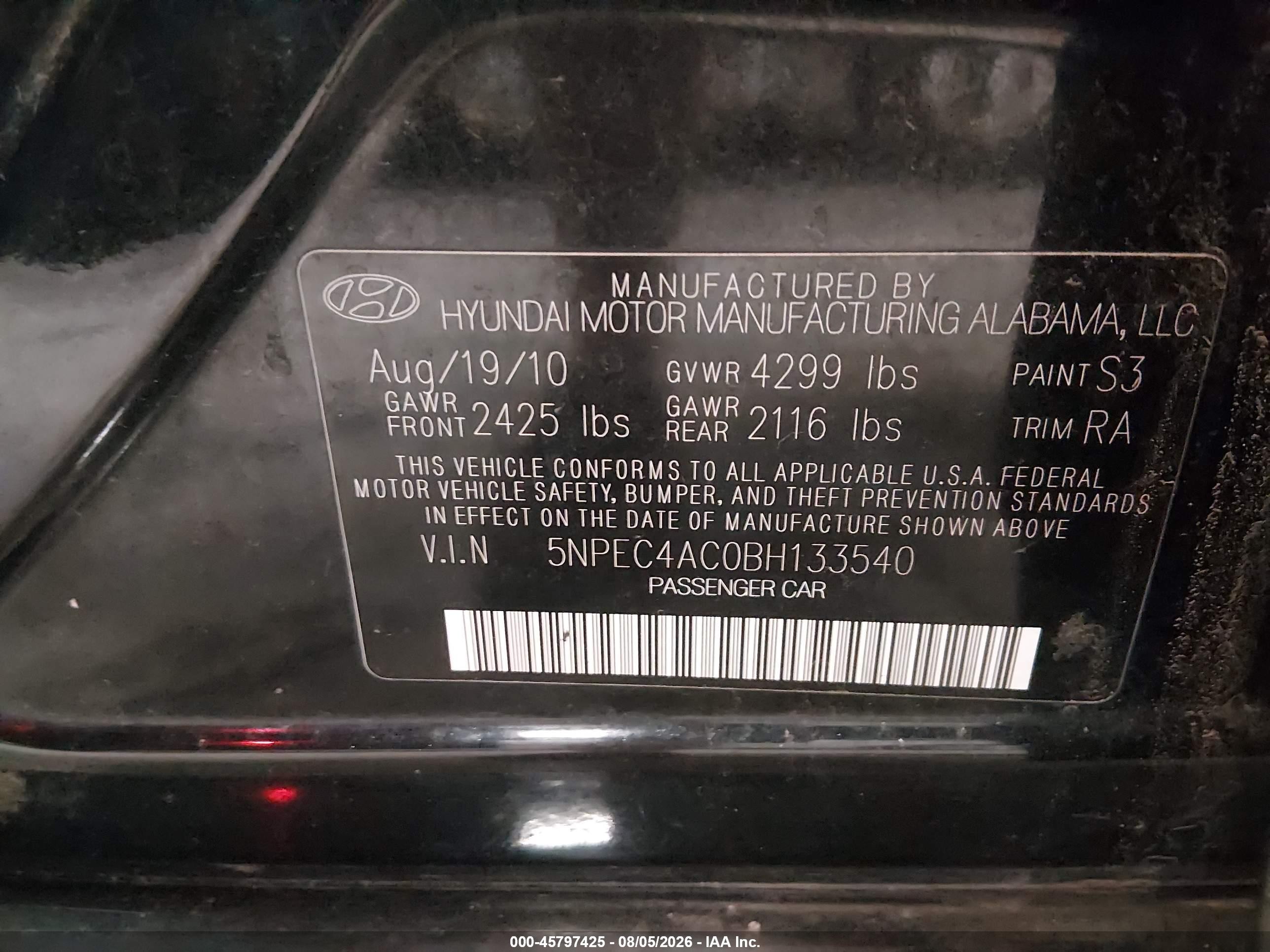 2011 Hyundai Sonata Limited Black vin: 5NPEC4AC0BH133540