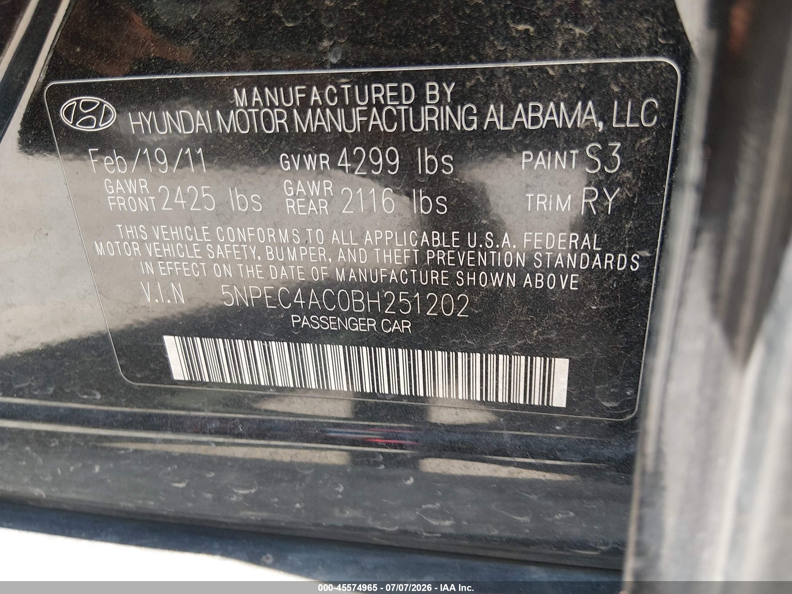 2011 Hyundai Sonata Limited Black vin: 5NPEC4AC0BH251202