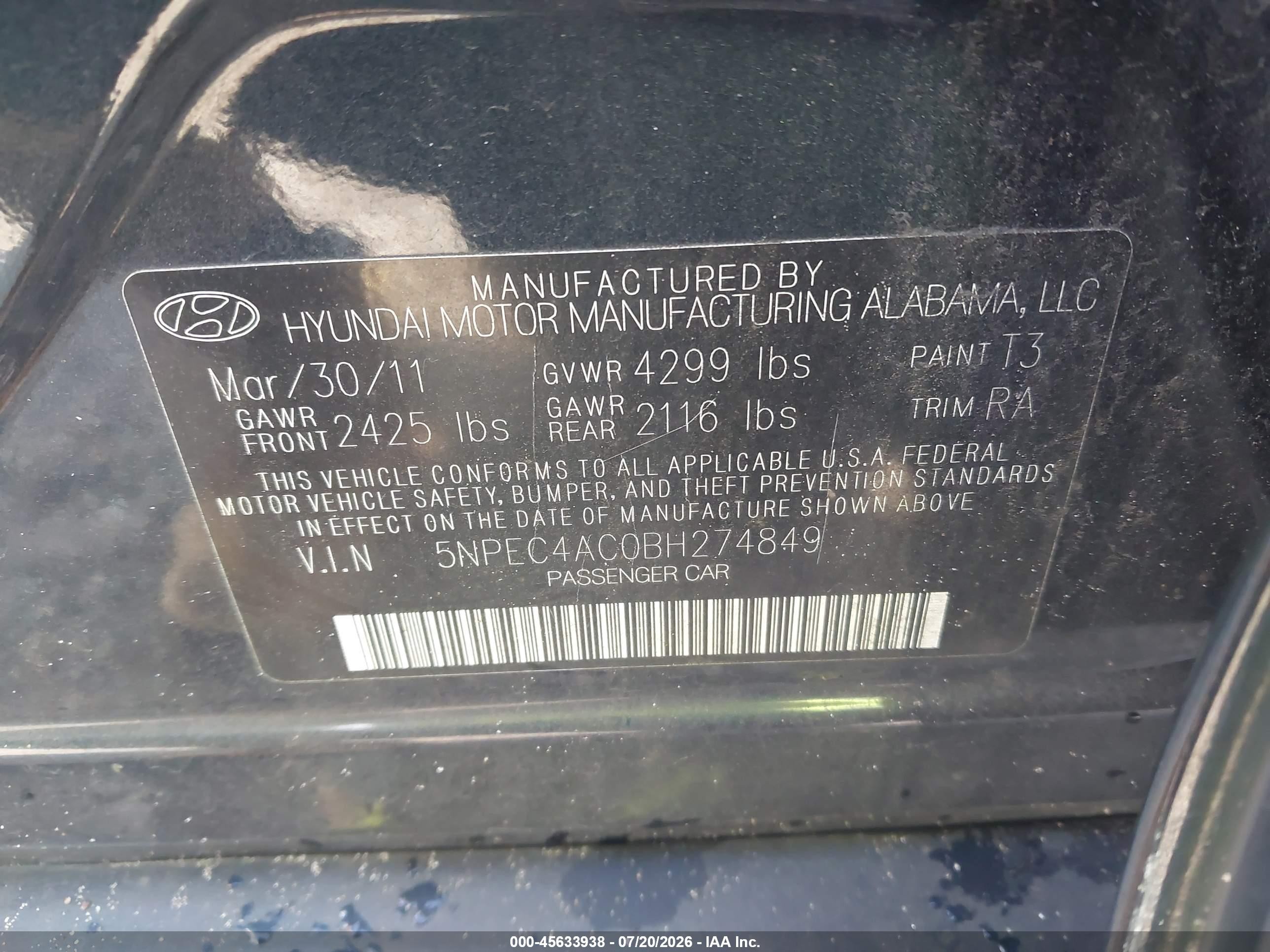 2011 Hyundai Sonata Se Gray vin: 5NPEC4AC0BH274849