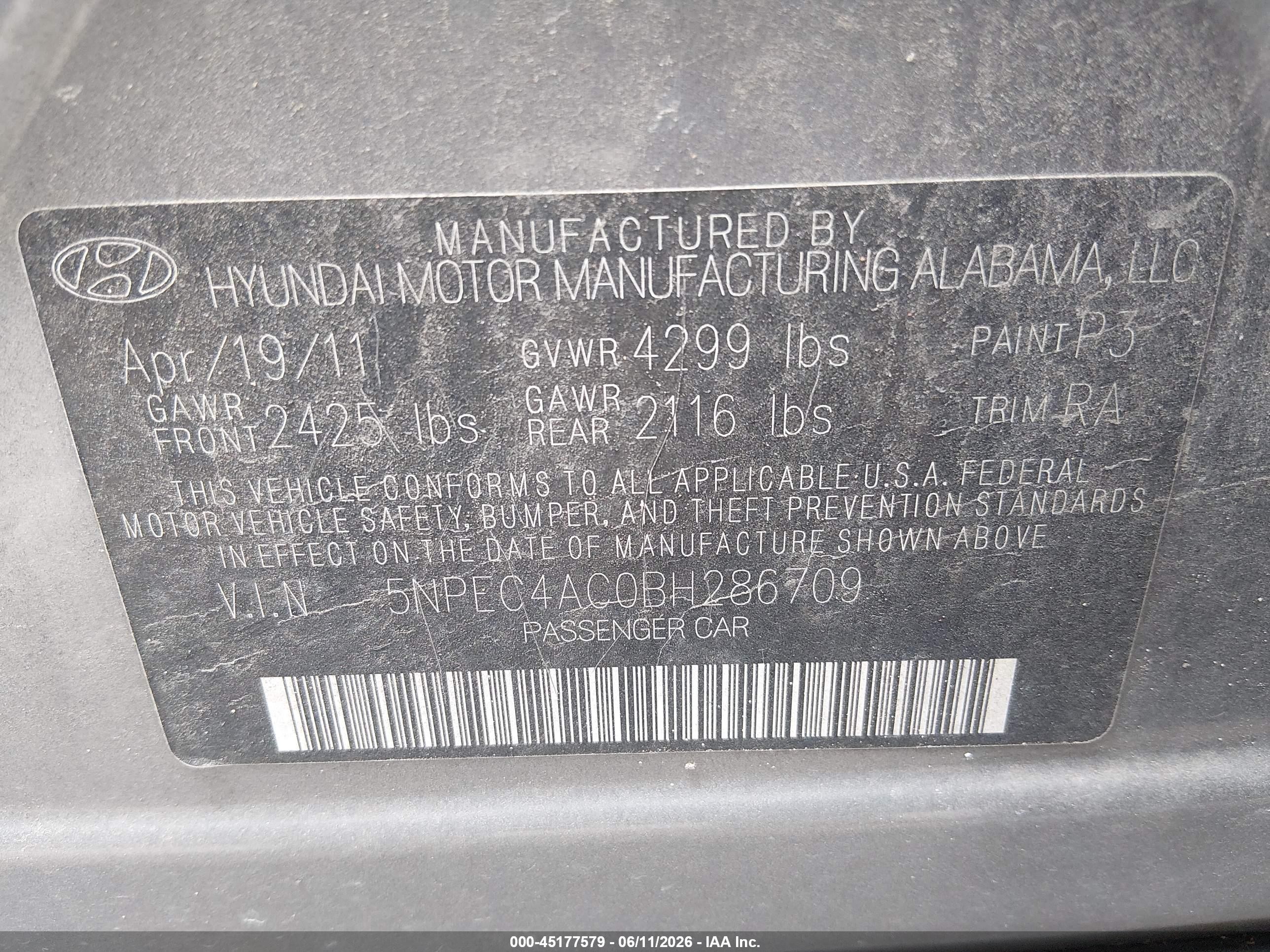2011 Hyundai Sonata Se Gray vin: 5NPEC4AC0BH286709