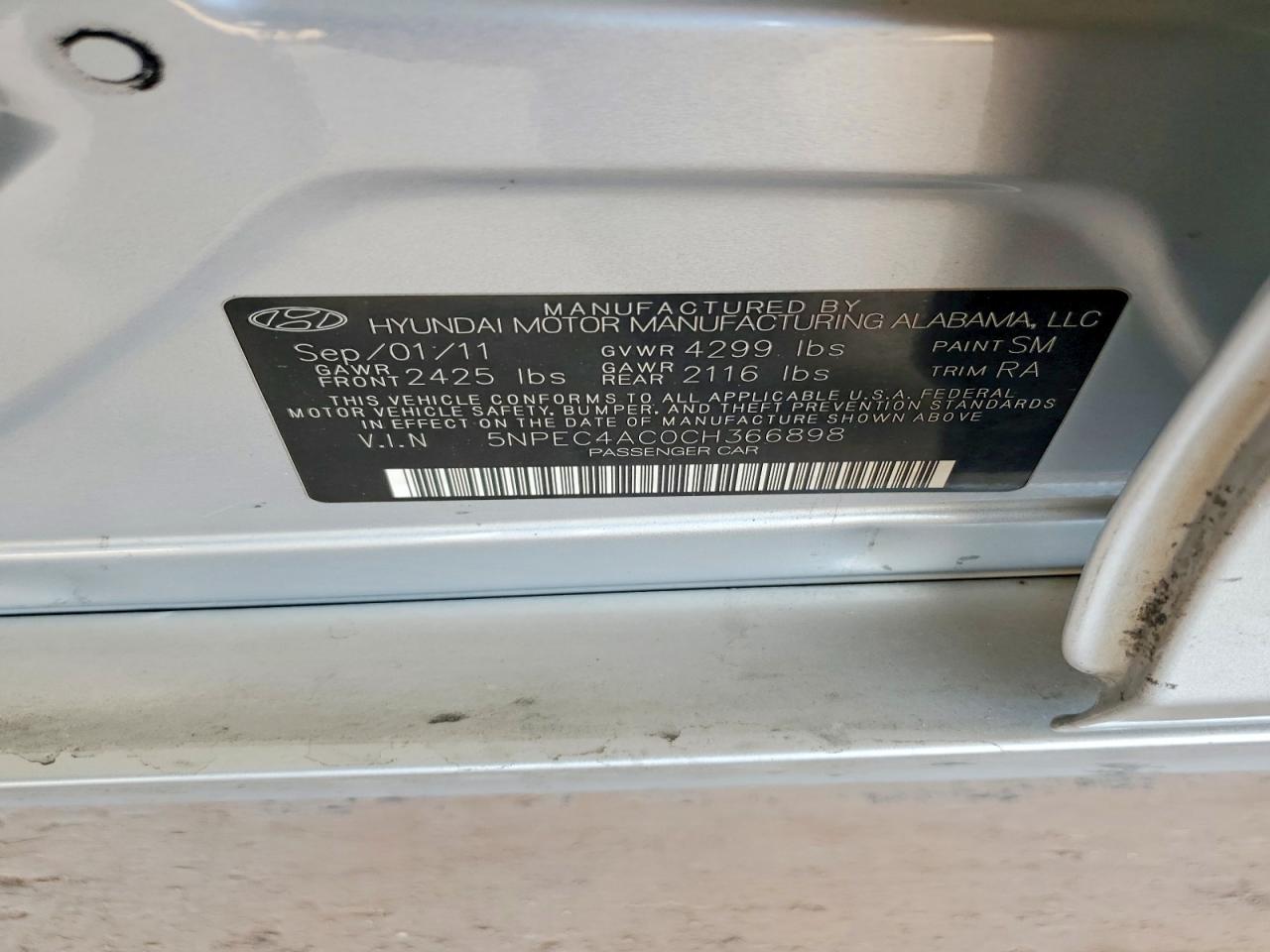 2012 Hyundai Sonata Se Silver vin: 5NPEC4AC0CH366898