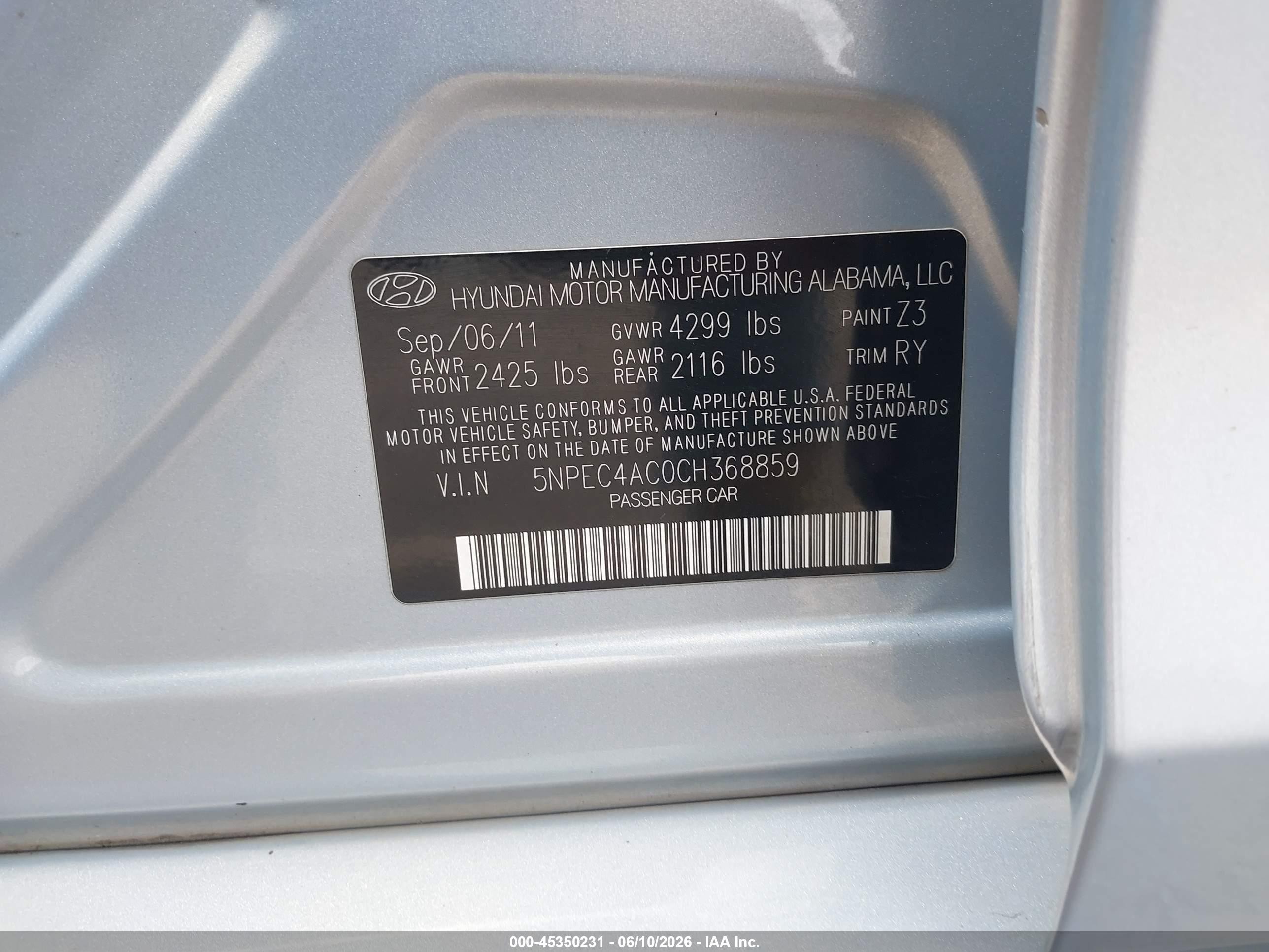 2012 Hyundai Sonata Se Light Blue vin: 5NPEC4AC0CH368859