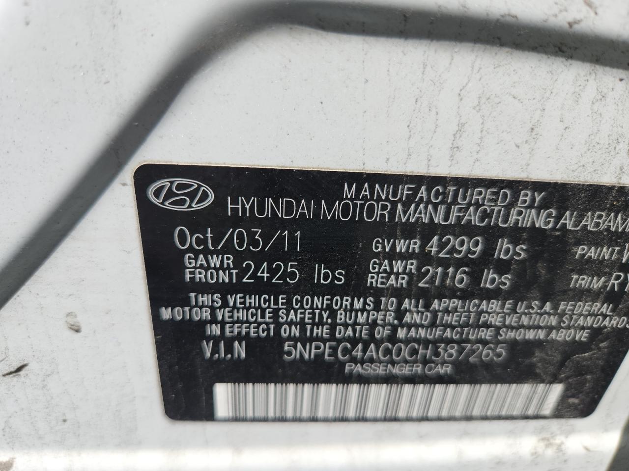 2012 Hyundai Sonata Se White vin: 5NPEC4AC0CH387265