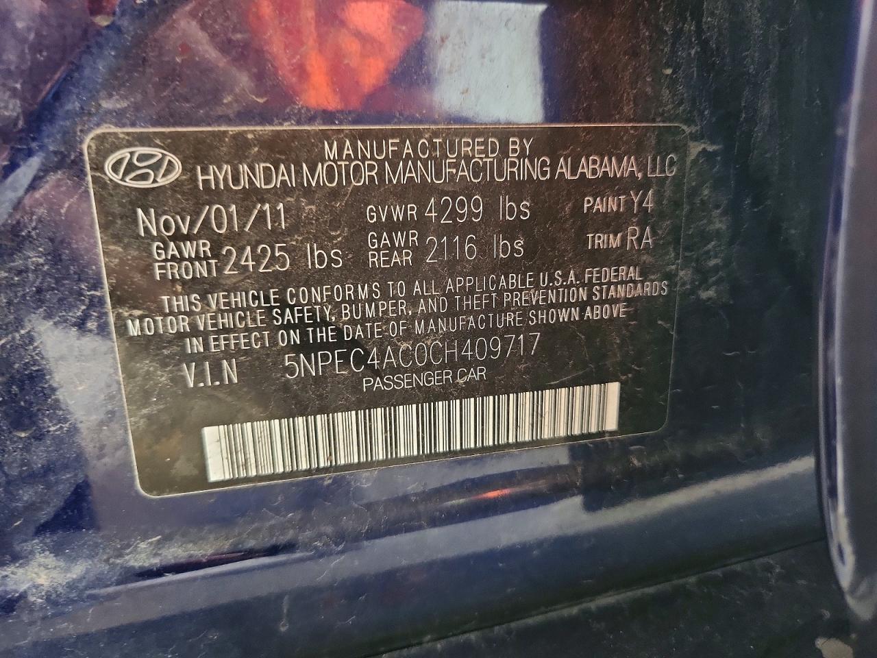 2012 Hyundai Sonata Se Blue vin: 5NPEC4AC0CH409717