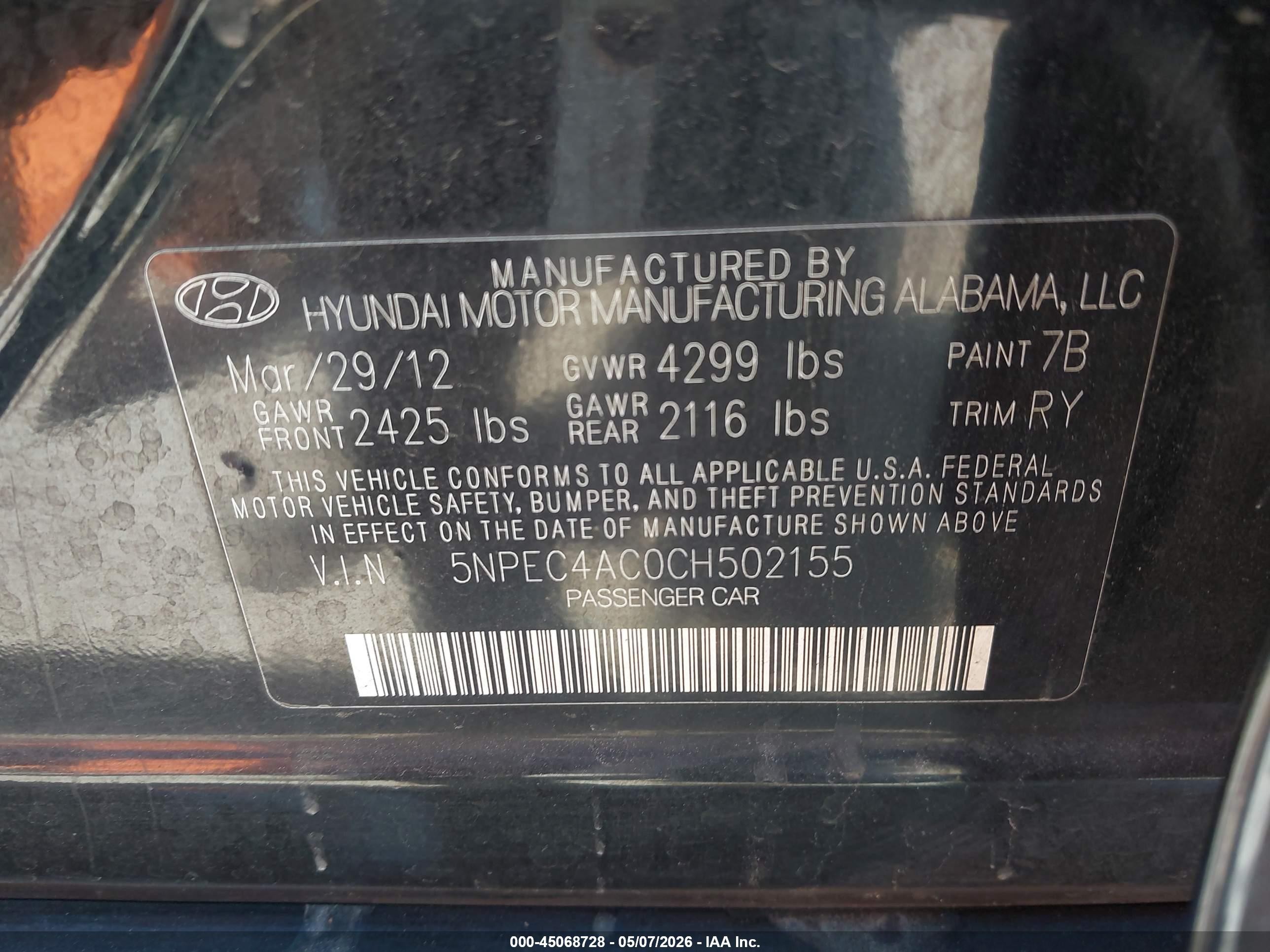 2012 Hyundai Sonata Limited Black vin: 5NPEC4AC0CH502155