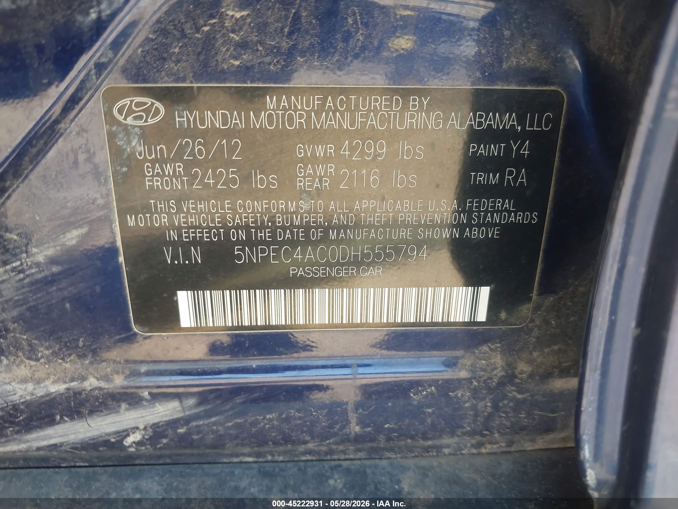 2013 Hyundai Sonata Se Blue vin: 5NPEC4AC0DH555794