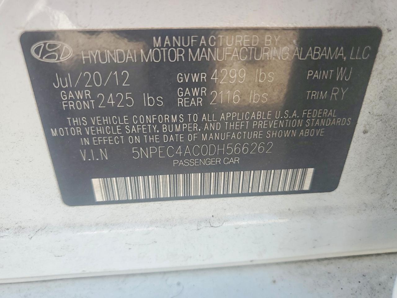 2013 Hyundai Sonata Se White vin: 5NPEC4AC0DH566262