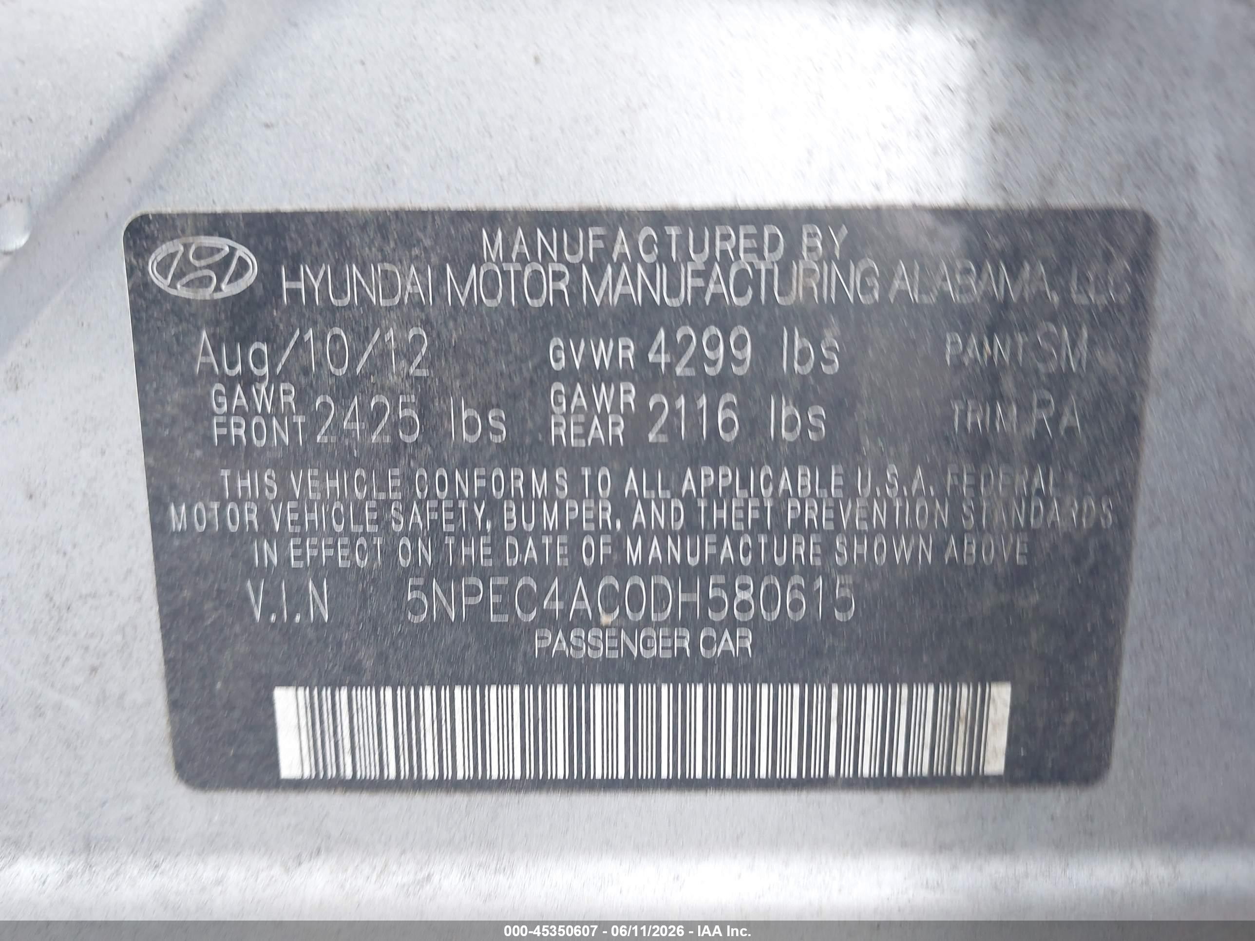 2013 Hyundai Sonata Se Silver vin: 5NPEC4AC0DH580615