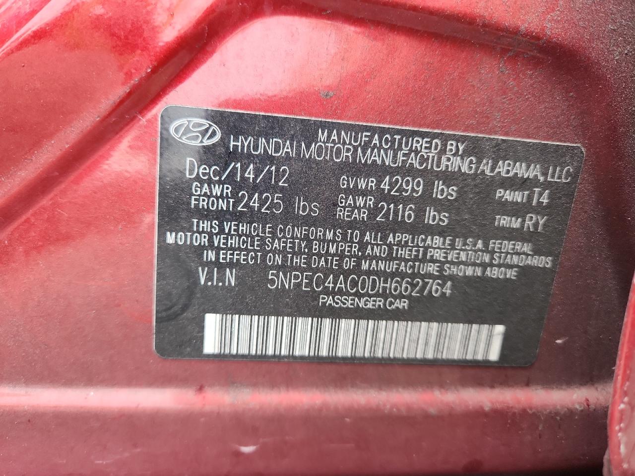2013 Hyundai Sonata Se Burgundy vin: 5NPEC4AC0DH662764