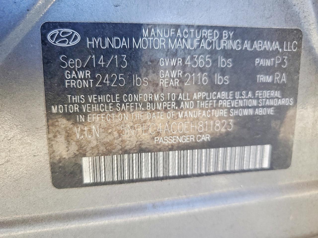 2014 Hyundai Sonata Charcoal vin: 5NPEC4AC0EH811823