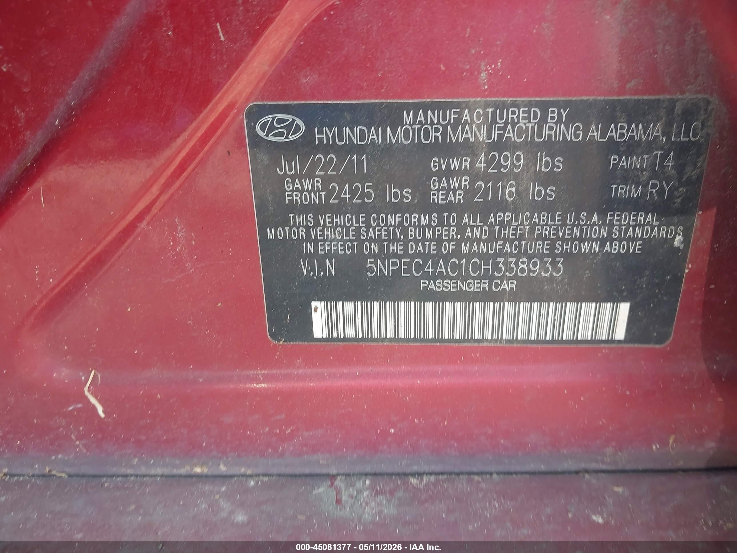 2012 Hyundai Sonata Se Red vin: 5NPEC4AC1CH338933