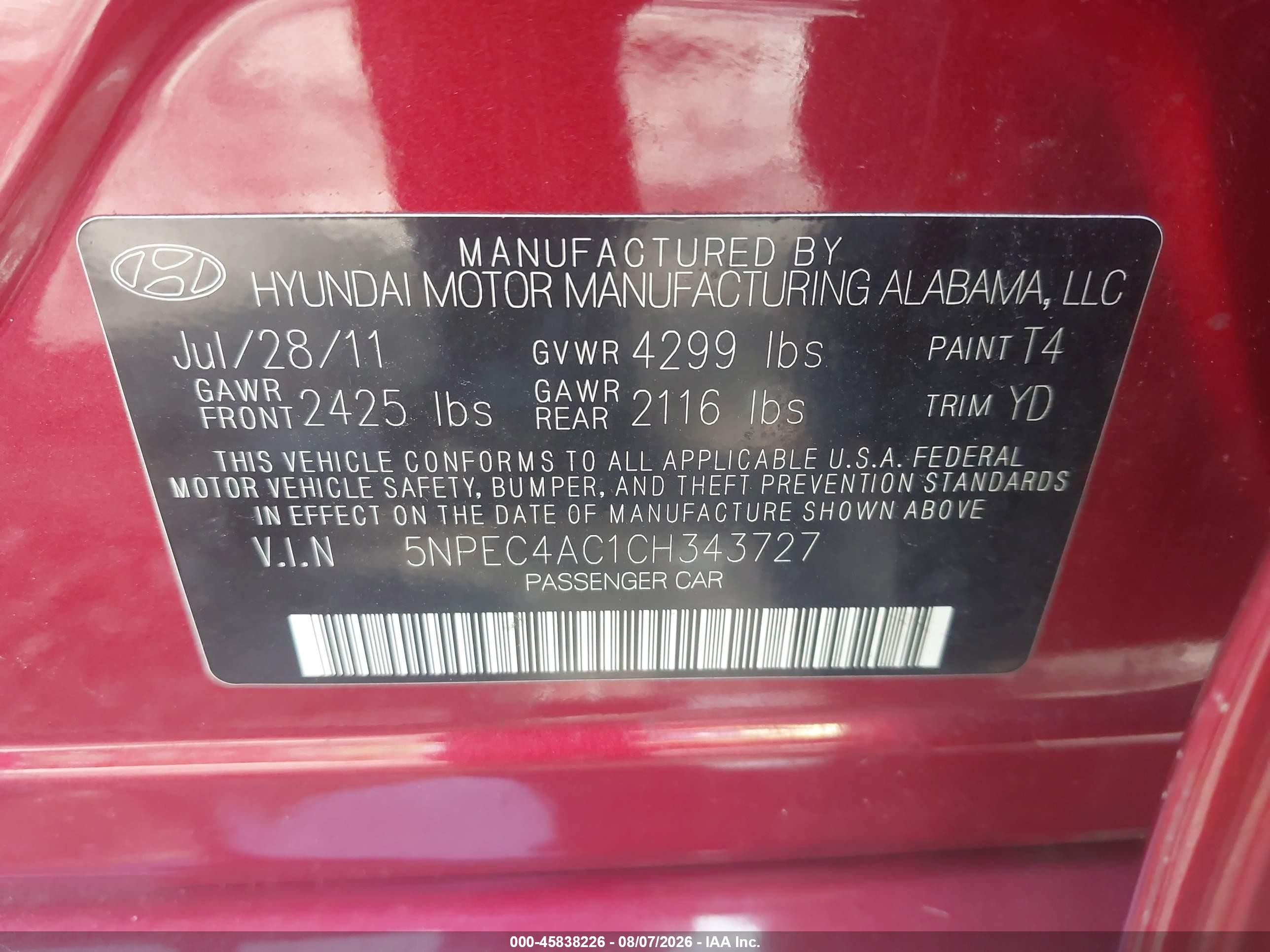 2012 Hyundai Sonata Limited Red vin: 5NPEC4AC1CH343727