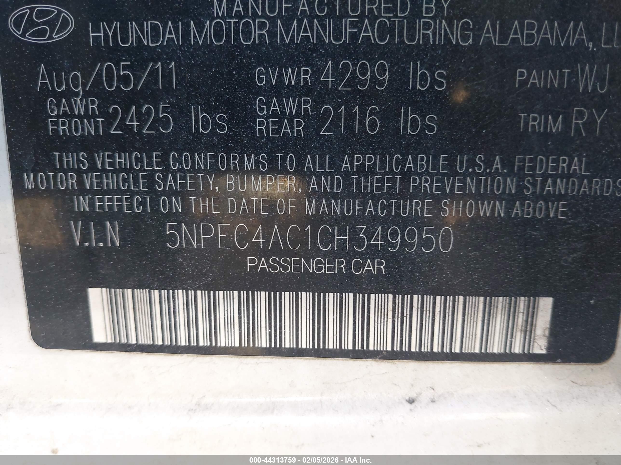 2012 Hyundai Sonata Se White vin: 5NPEC4AC1CH349950