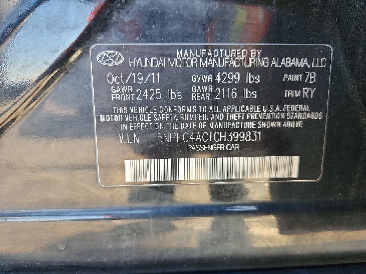 2012 Hyundai Sonata Se Black vin: 5NPEC4AC1CH399831