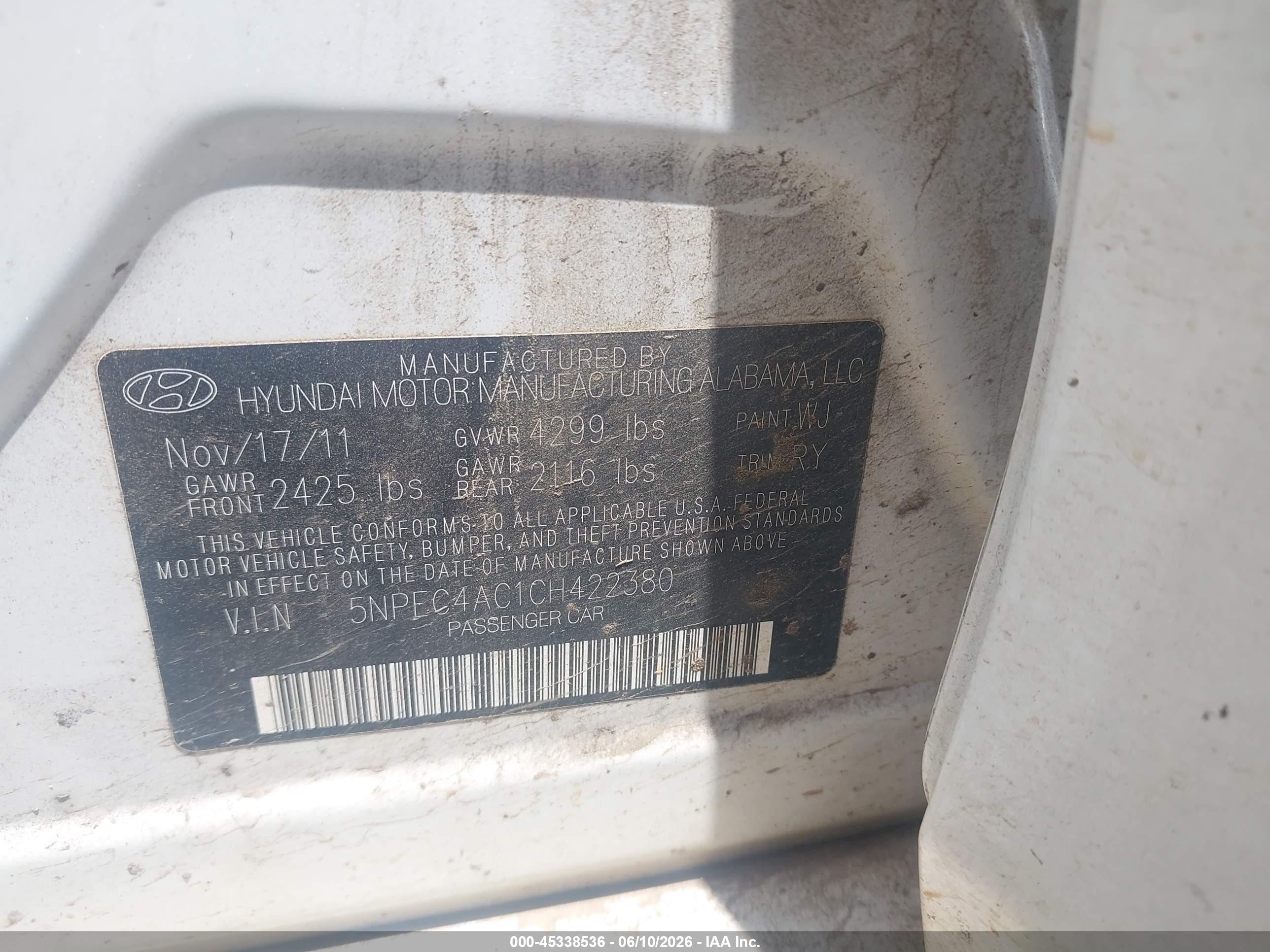 2012 Hyundai Sonata Se White vin: 5NPEC4AC1CH422380