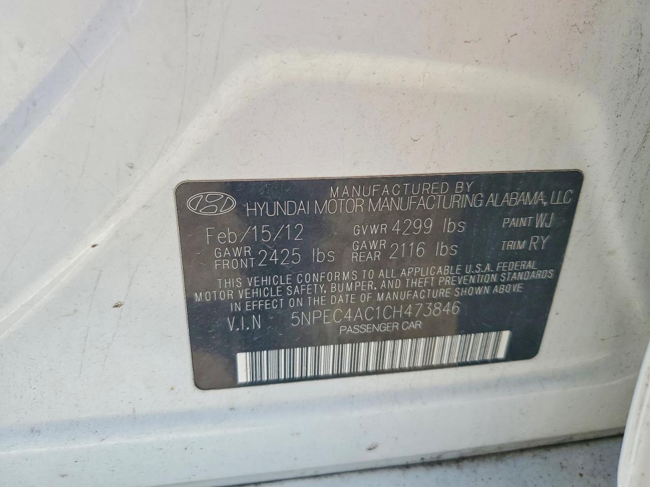 2012 Hyundai Sonata Se White vin: 5NPEC4AC1CH473846