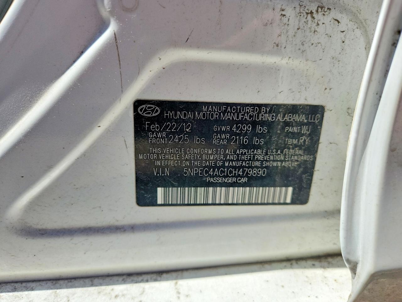 2012 Hyundai Sonata Se White vin: 5NPEC4AC1CH479890