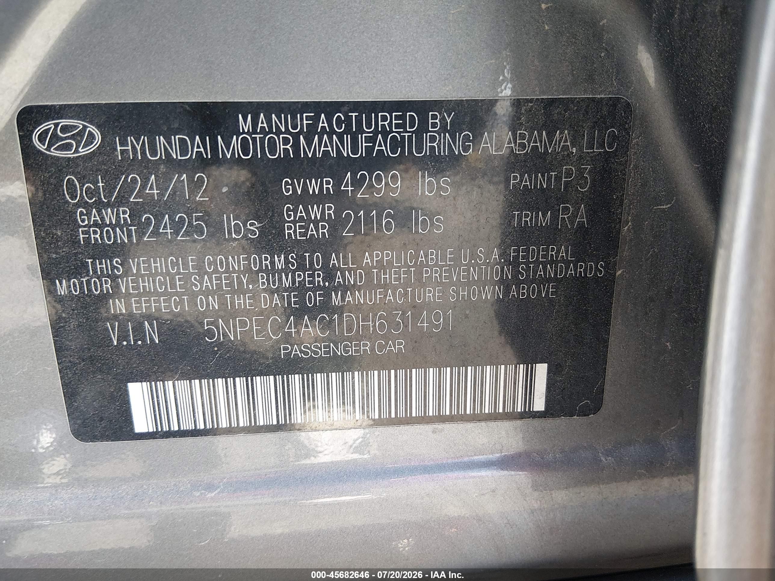 2013 Hyundai Sonata Se Gray vin: 5NPEC4AC1DH631491