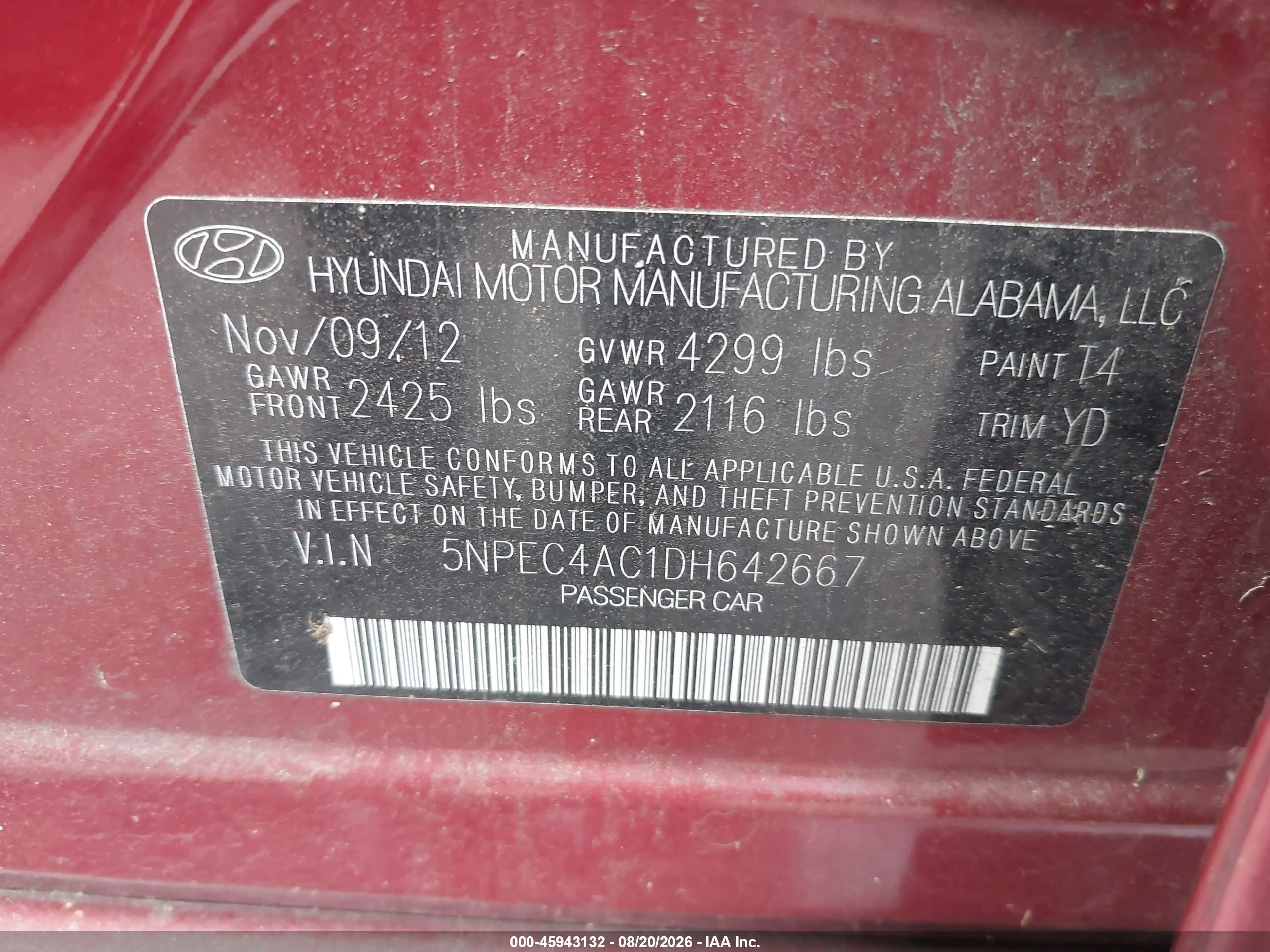 2013 Hyundai Sonata Limited Red vin: 5NPEC4AC1DH642667