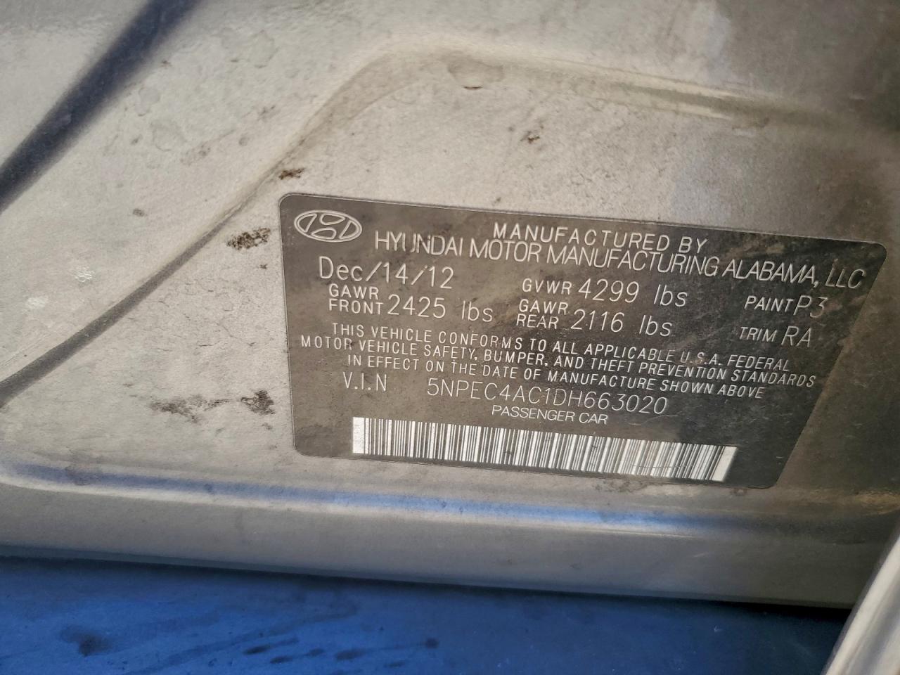 2013 Hyundai Sonata Se Charcoal vin: 5NPEC4AC1DH663020