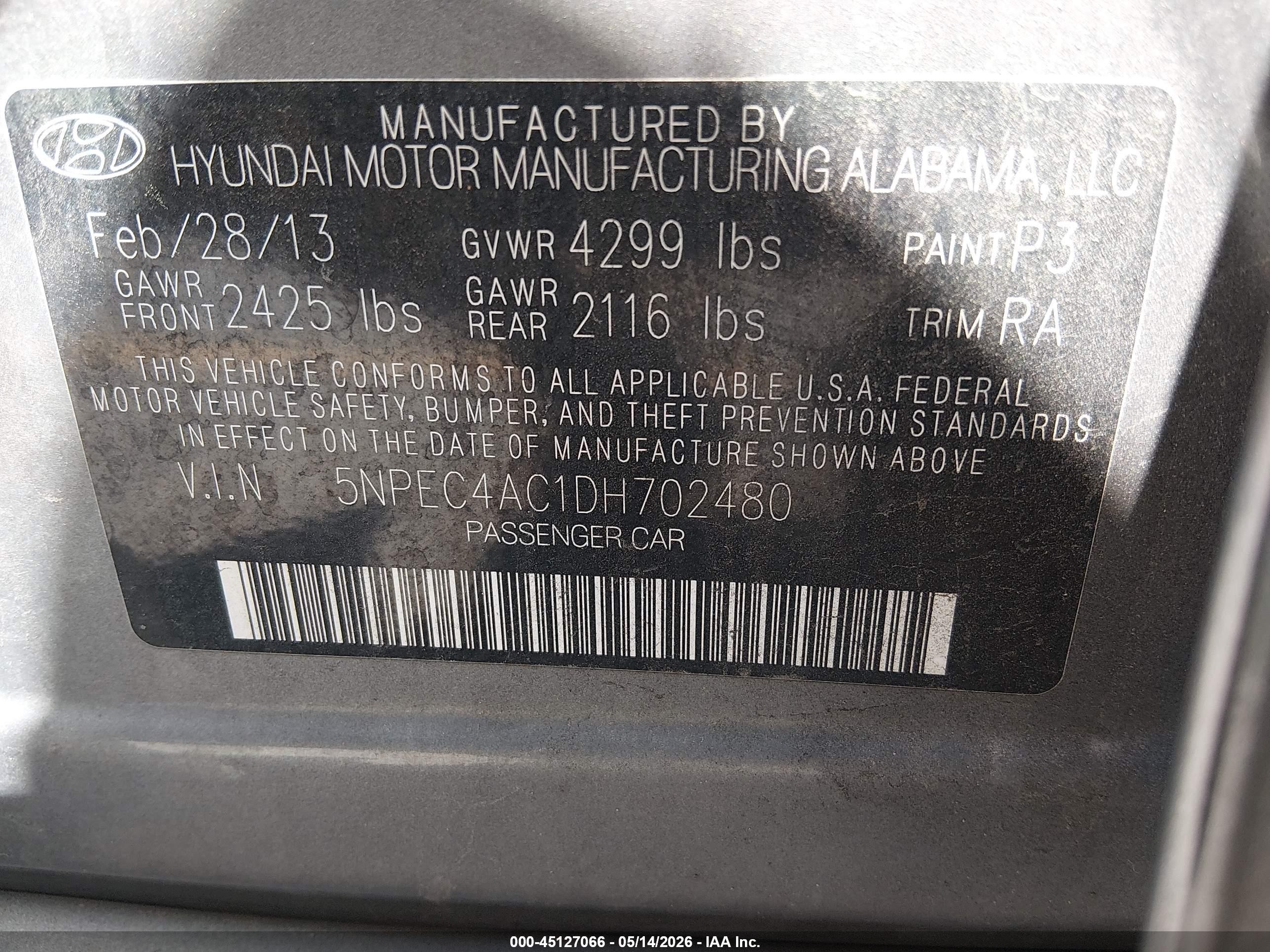2013 Hyundai Sonata Limited Gray vin: 5NPEC4AC1DH702480