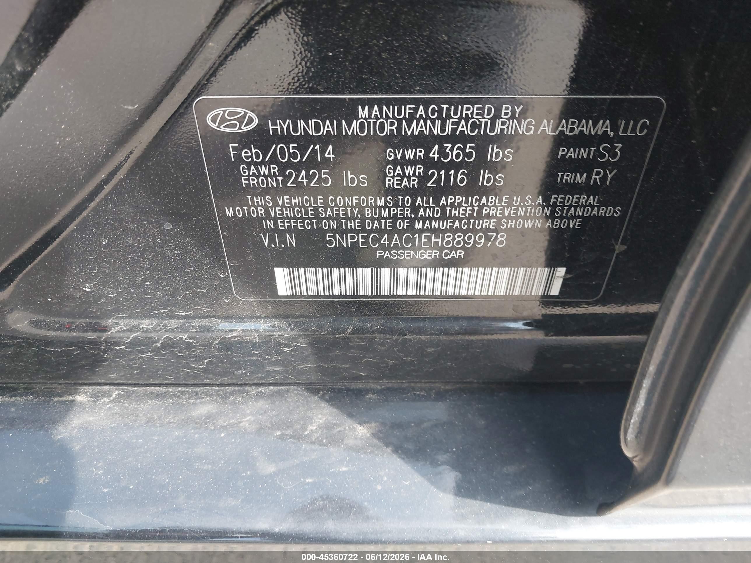 2014 Hyundai Sonata Se Black vin: 5NPEC4AC1EH889978