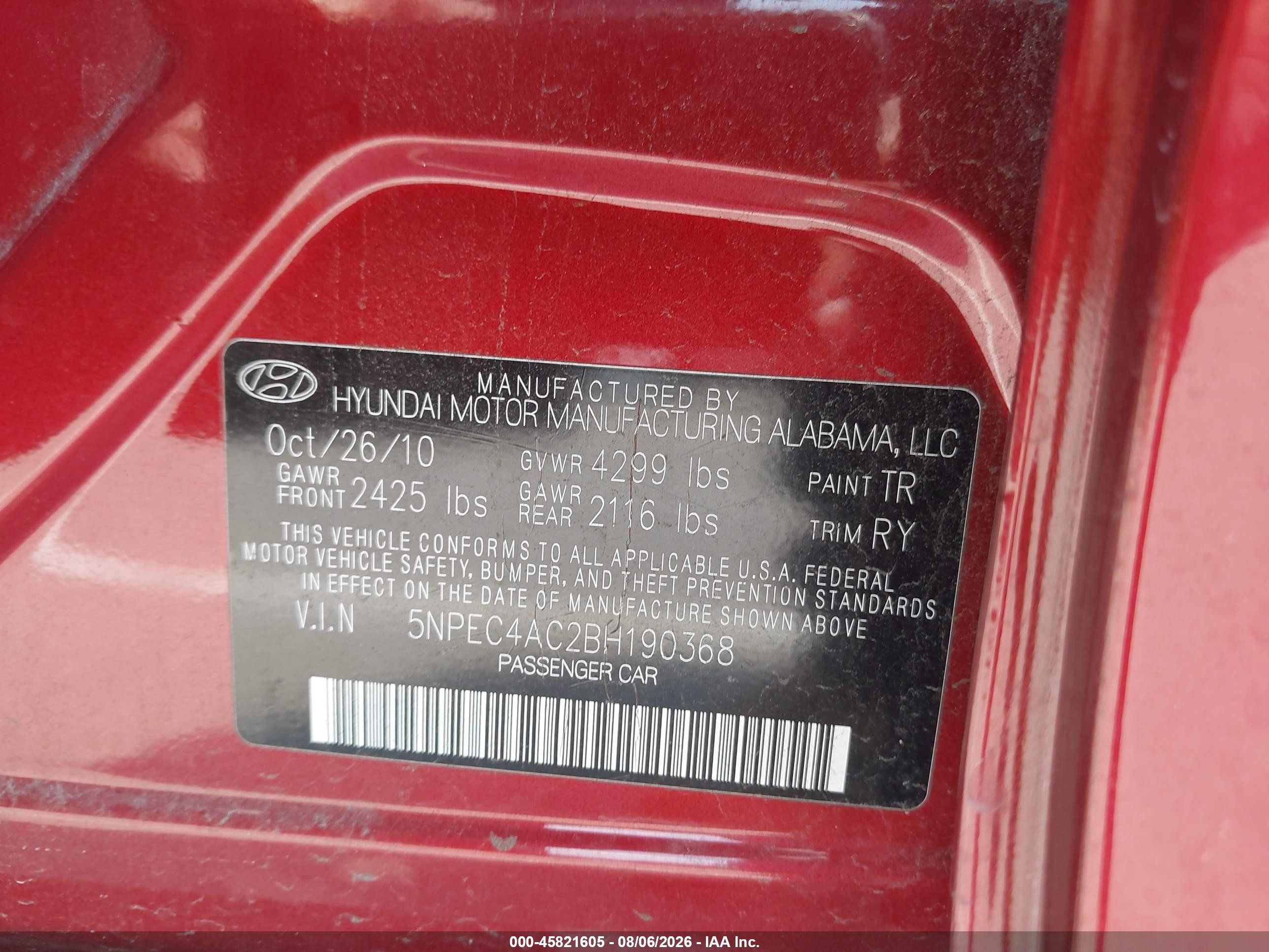 2011 Hyundai Sonata Se Burgundy vin: 5NPEC4AC2BH190368