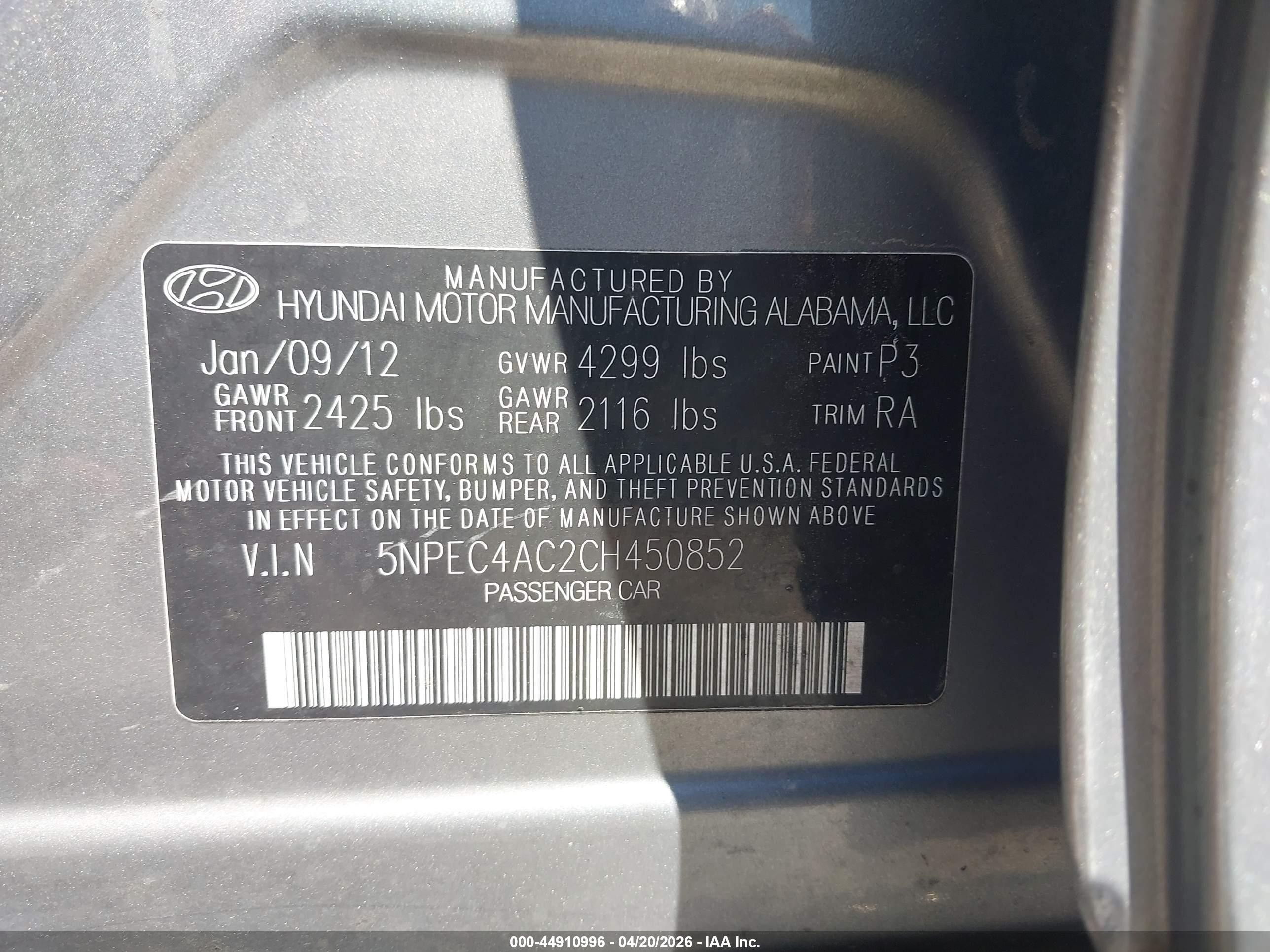 2012 Hyundai Sonata Se Gray vin: 5NPEC4AC2CH450852