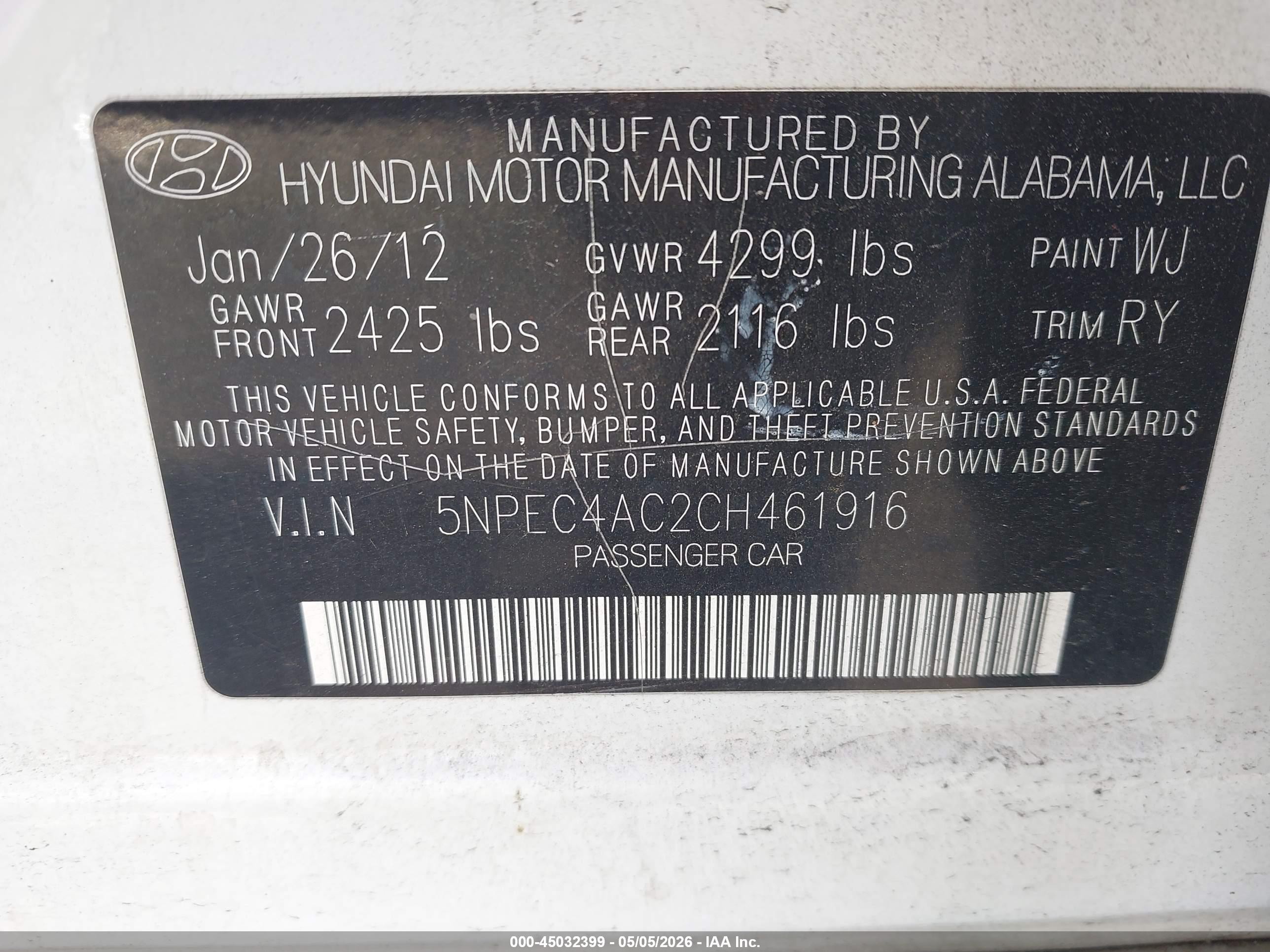 2012 Hyundai Sonata Se Белый vin: 5NPEC4AC2CH461916