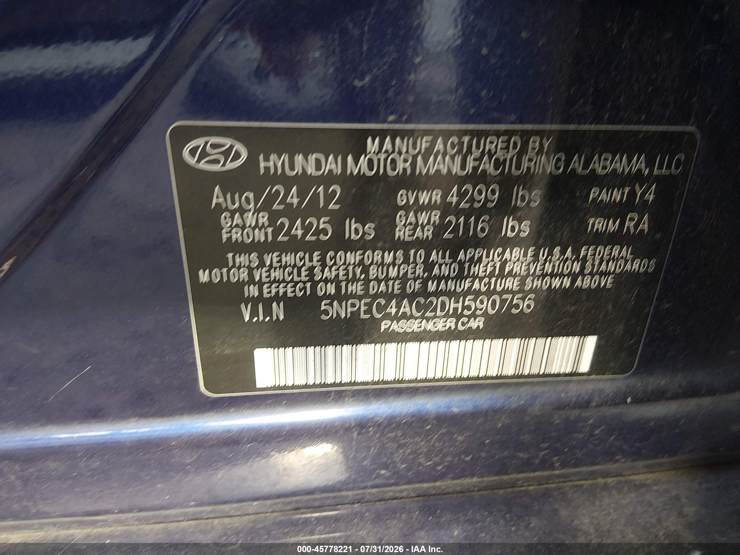 2013 Hyundai Sonata Limited Blue vin: 5NPEC4AC2DH590756