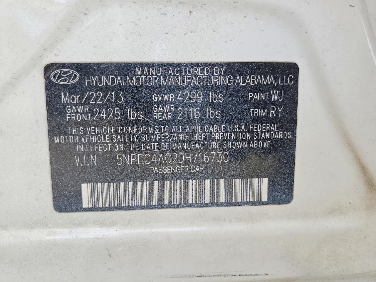 2013 Hyundai Sonata Se Белый vin: 5NPEC4AC2DH716730